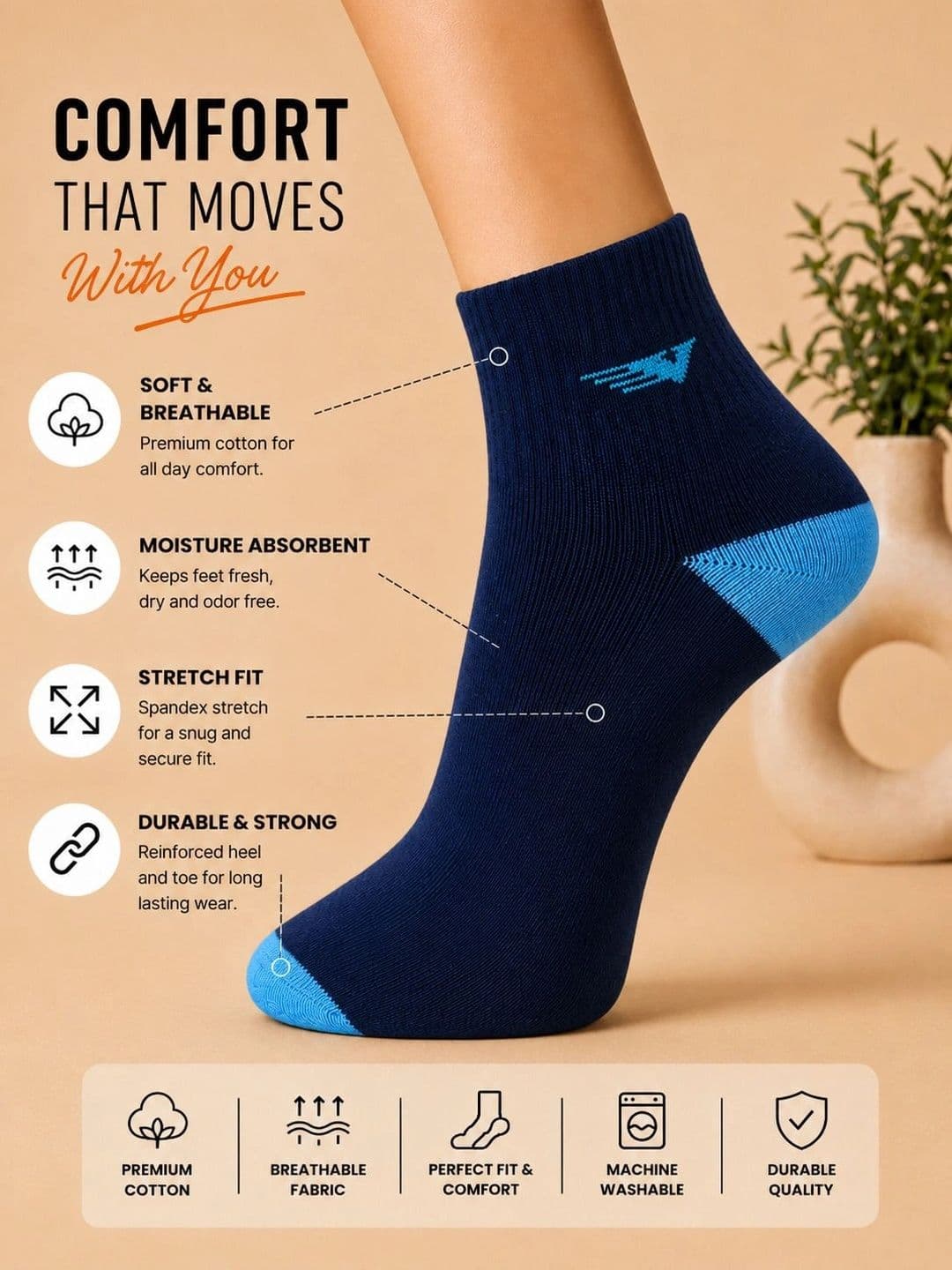 ADDOSSO Men Pack of 5 Cotton Assorted Ankle Length Socks thumbnail 5