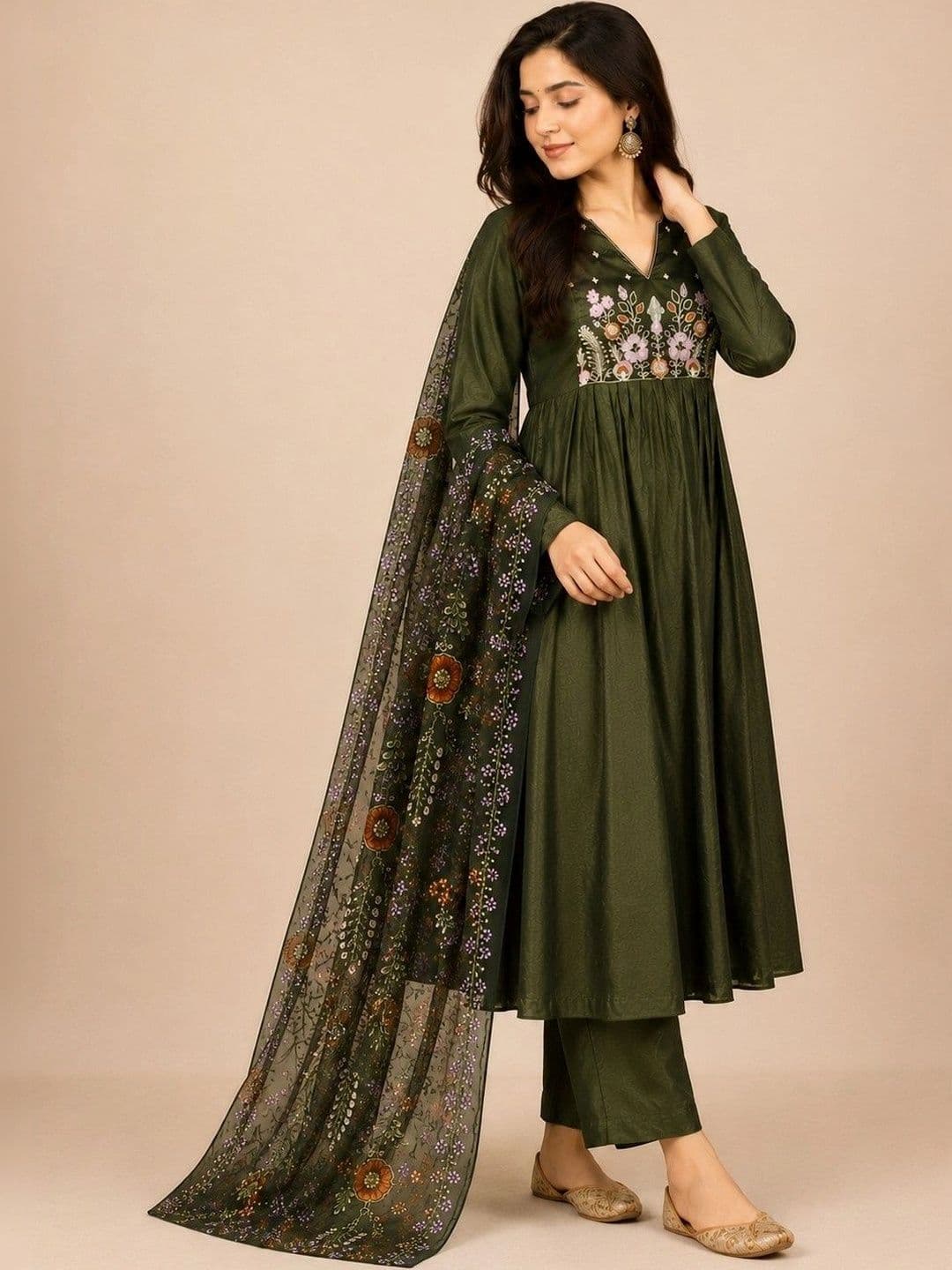 ZARVIKA Women Floral Embroidered Empire Thread Work Kurta with Trousers & With Dupatta thumbnail 5