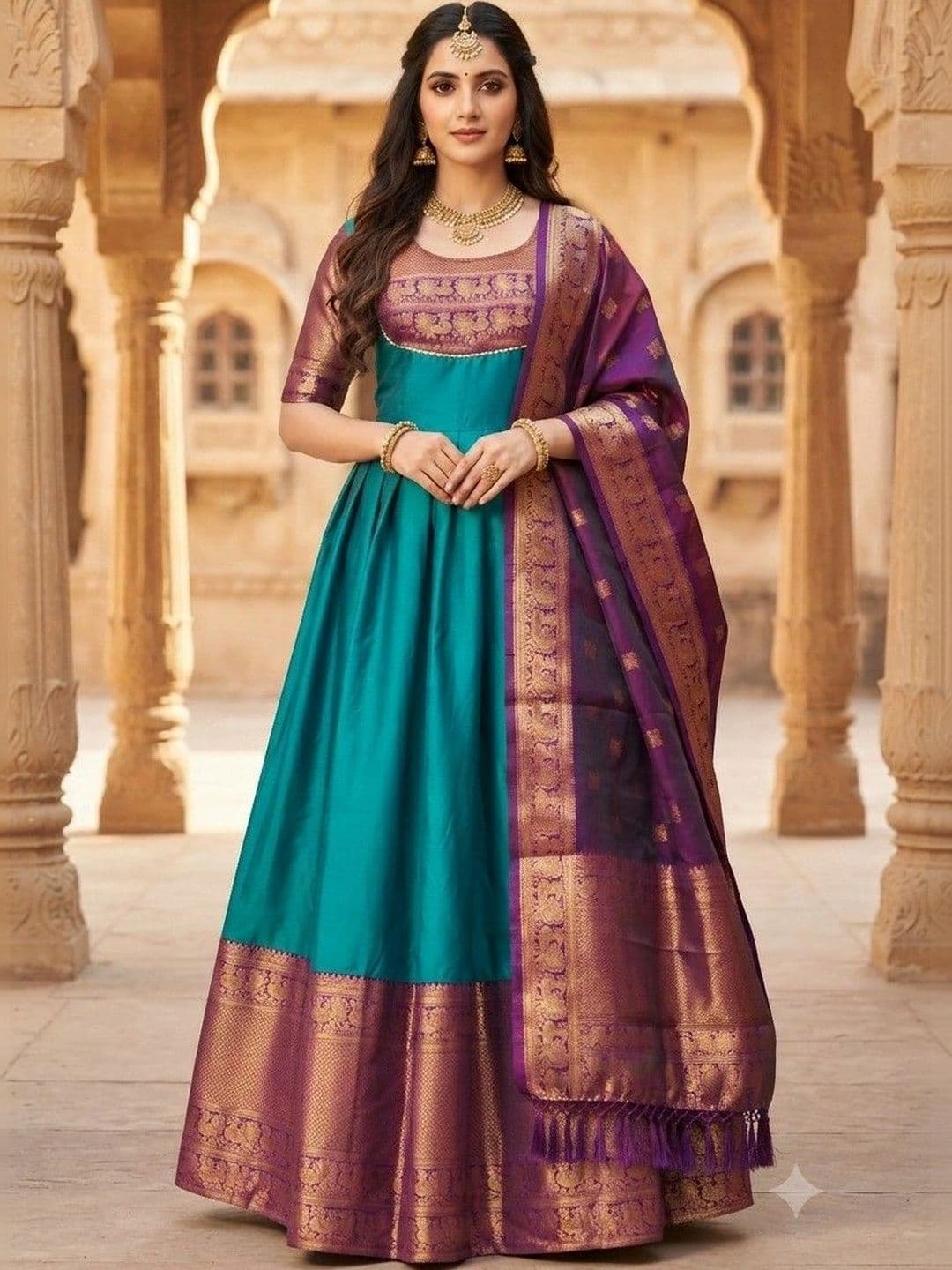 SmileyFashion Woven Design Round Neck Maxi Dress With Dupatta - view 1