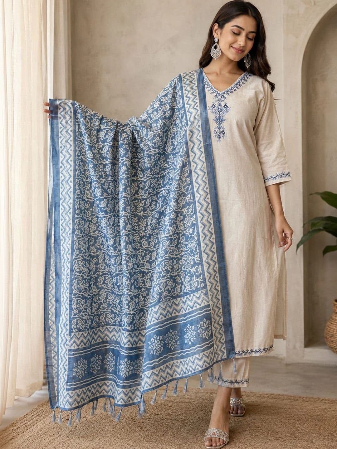 Urban India Women Ethnic Motifs Embroidered Regular Thread Work Pure Cotton Kurta with Trousers & With - view 1
