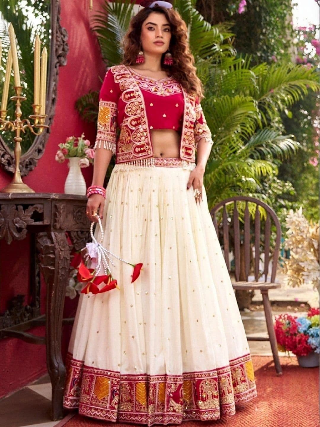 Shree Ram Creation Embroidered Thread Work Ready to Wear Lehenga & Blouse With Dupatta - view 1