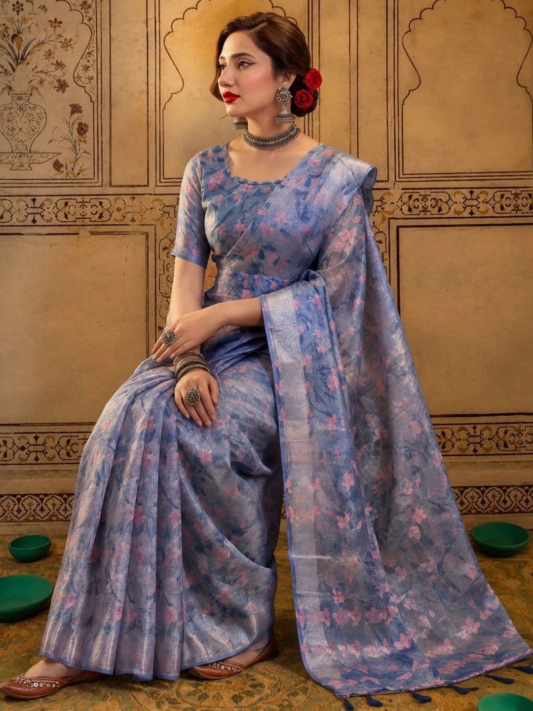 Mitera Floral Zari Silk Cotton Fusion Saree thumbnail 6