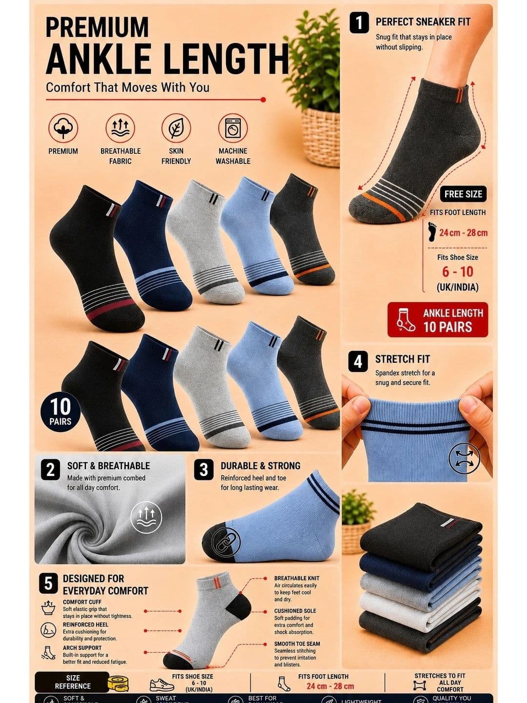 ADDOSSO Men Pack of 10 Cotton Assorted Striped Ankle Length Socks thumbnail 5