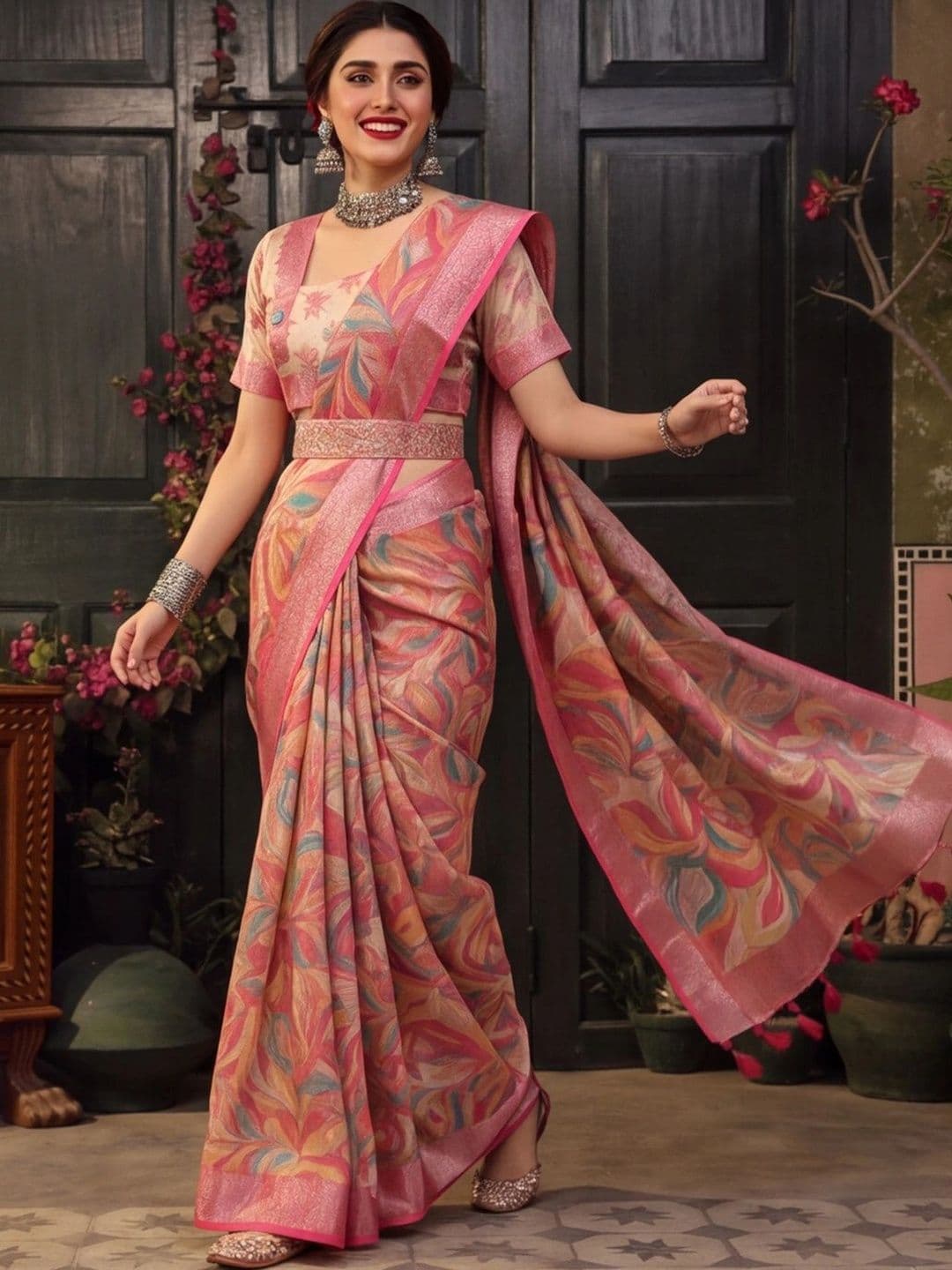 Mitera Floral Zari Silk Cotton Fusion Saree - view 1