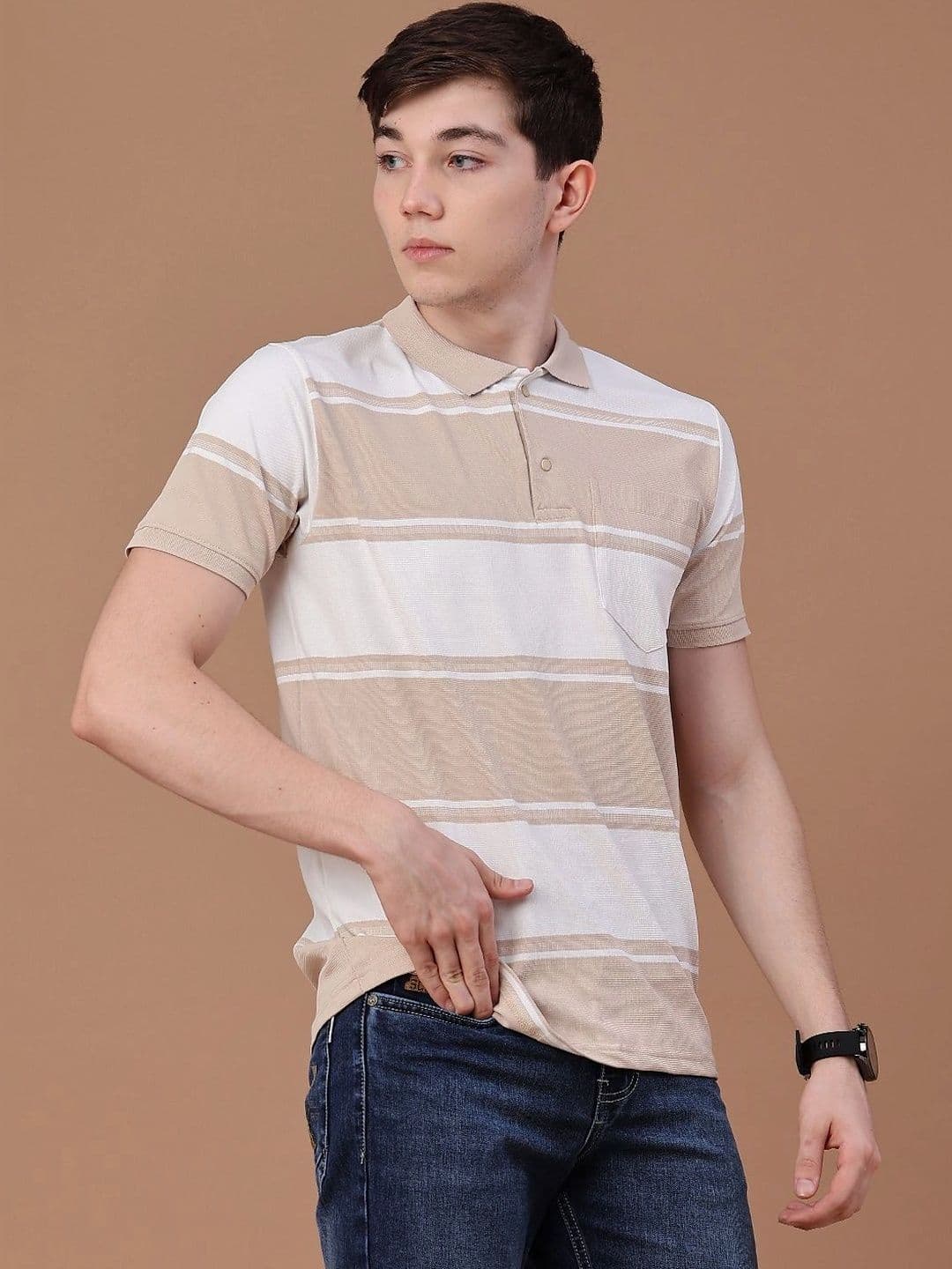 V-Mart Men Striped Polo Collar Pockets Slim Fit T-shirt thumbnail 4