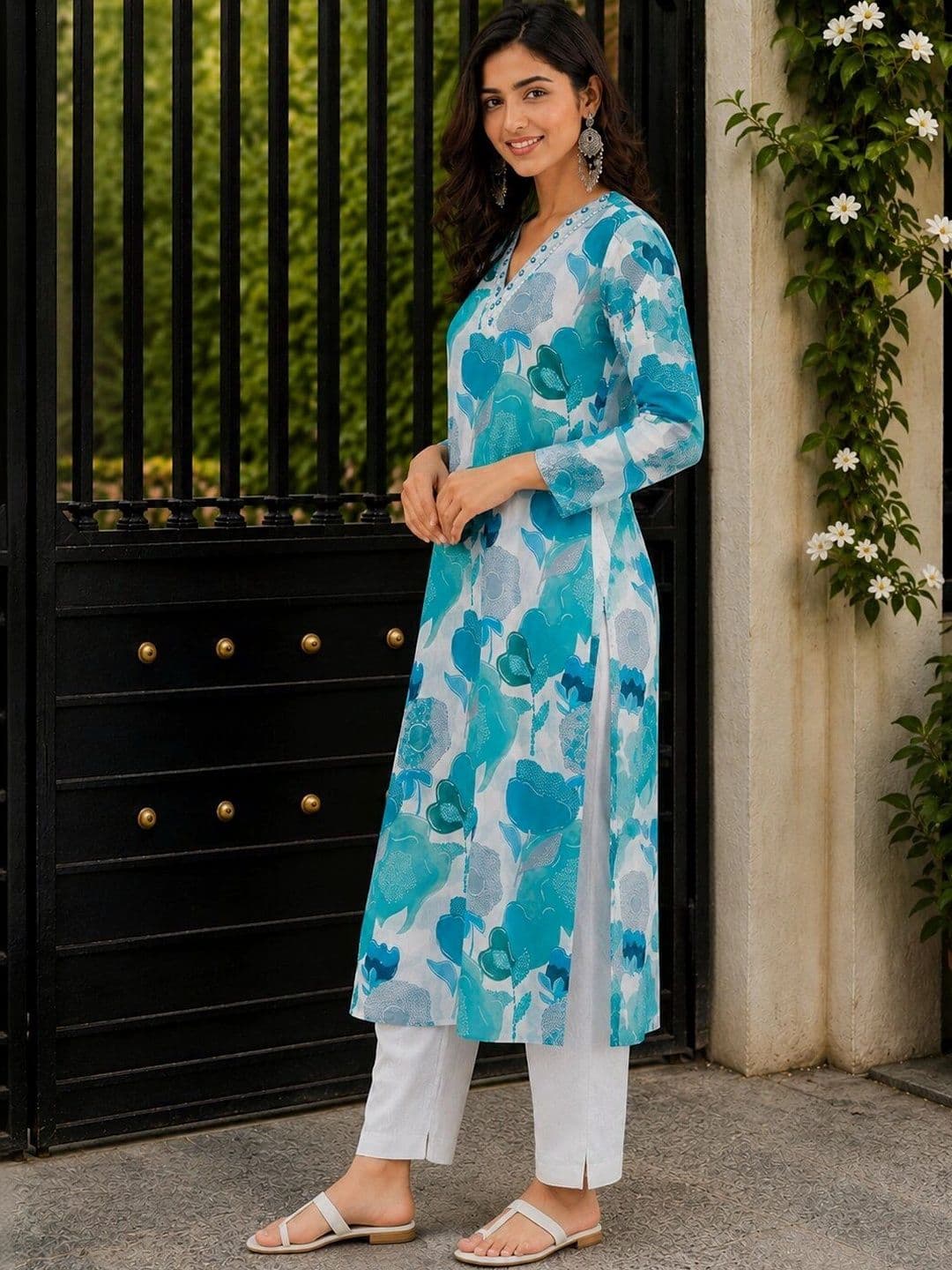 FABZARI Women Floral Printed Regular Pure Cotton Kurta with Trousers & With Dupatta thumbnail 4