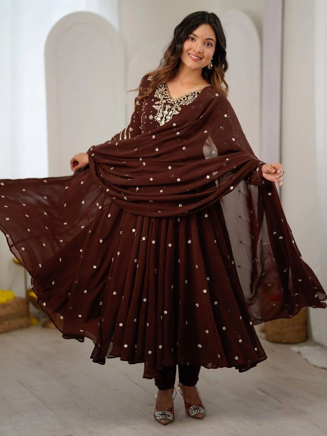 VastraBazaar Women Ethnic Motifs Empire Sequinned Silk Georgette Kurta with Trousers & With Dupatta thumbnail 2