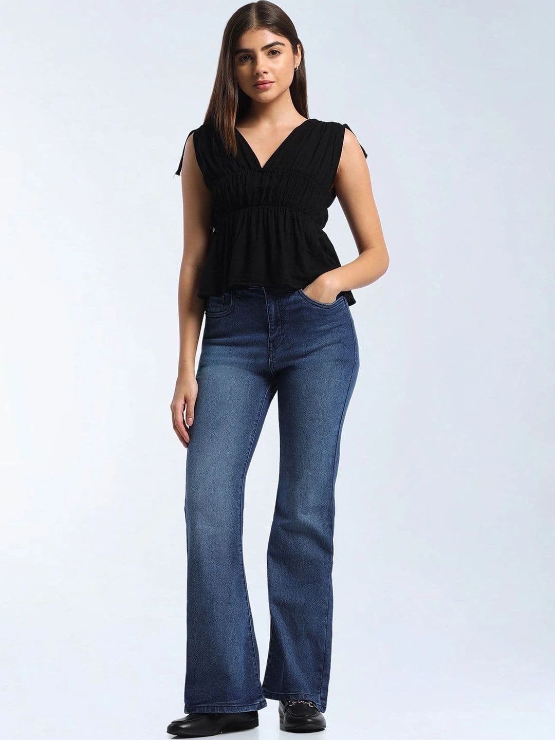 Flying Machine Women Flared High-Rise Low Distress Light Fade Stretchable Jeans - view 1