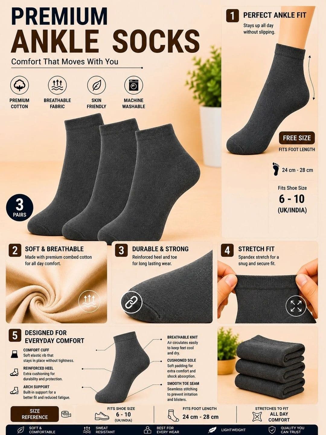ADDOSSO Men Pack of 3 Cotton Assorted Ankle Length Socks thumbnail 5