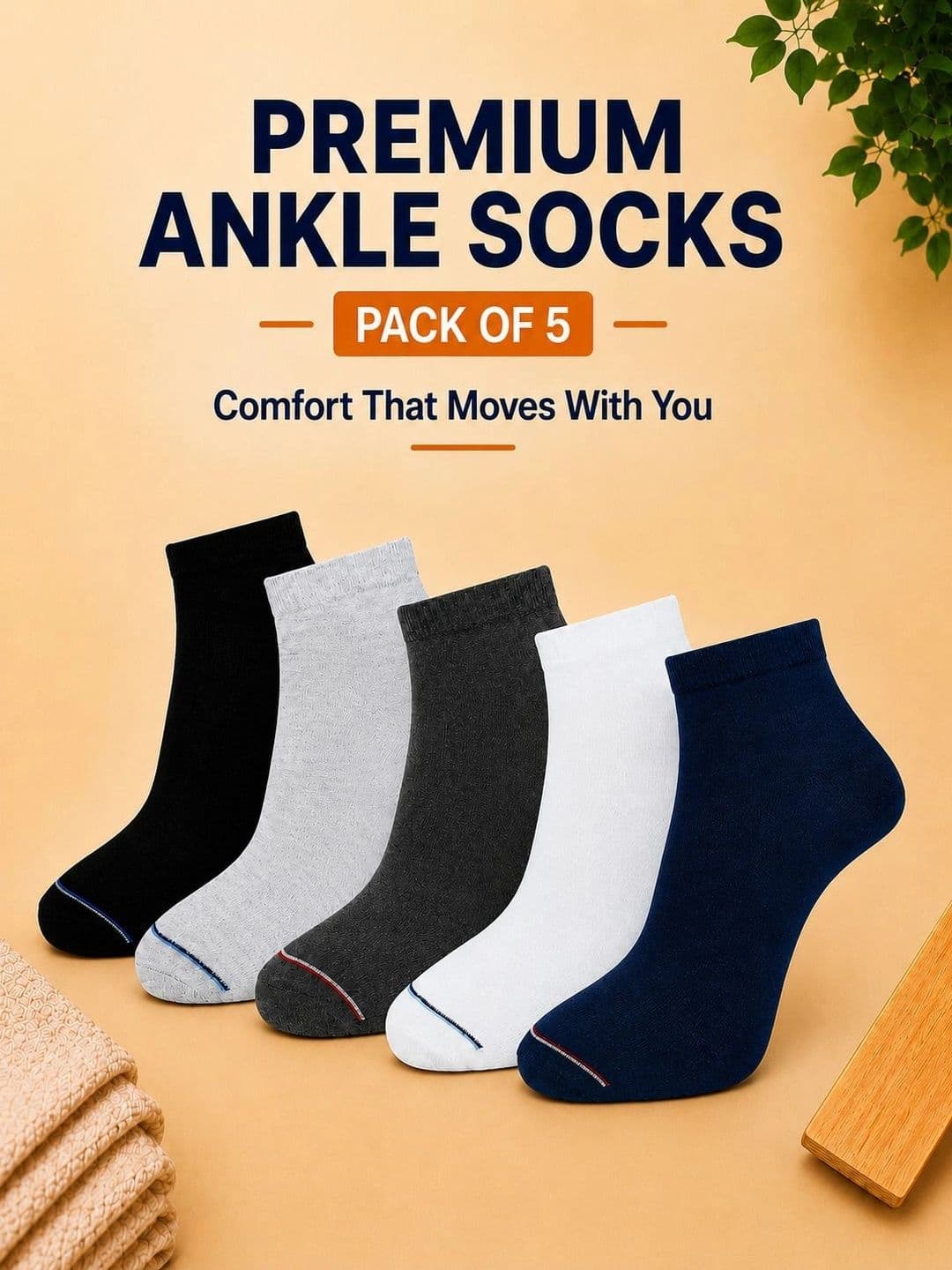 ADDOSSO Men Pack of 5 Cotton Assorted Ankle Length Socks thumbnail 3