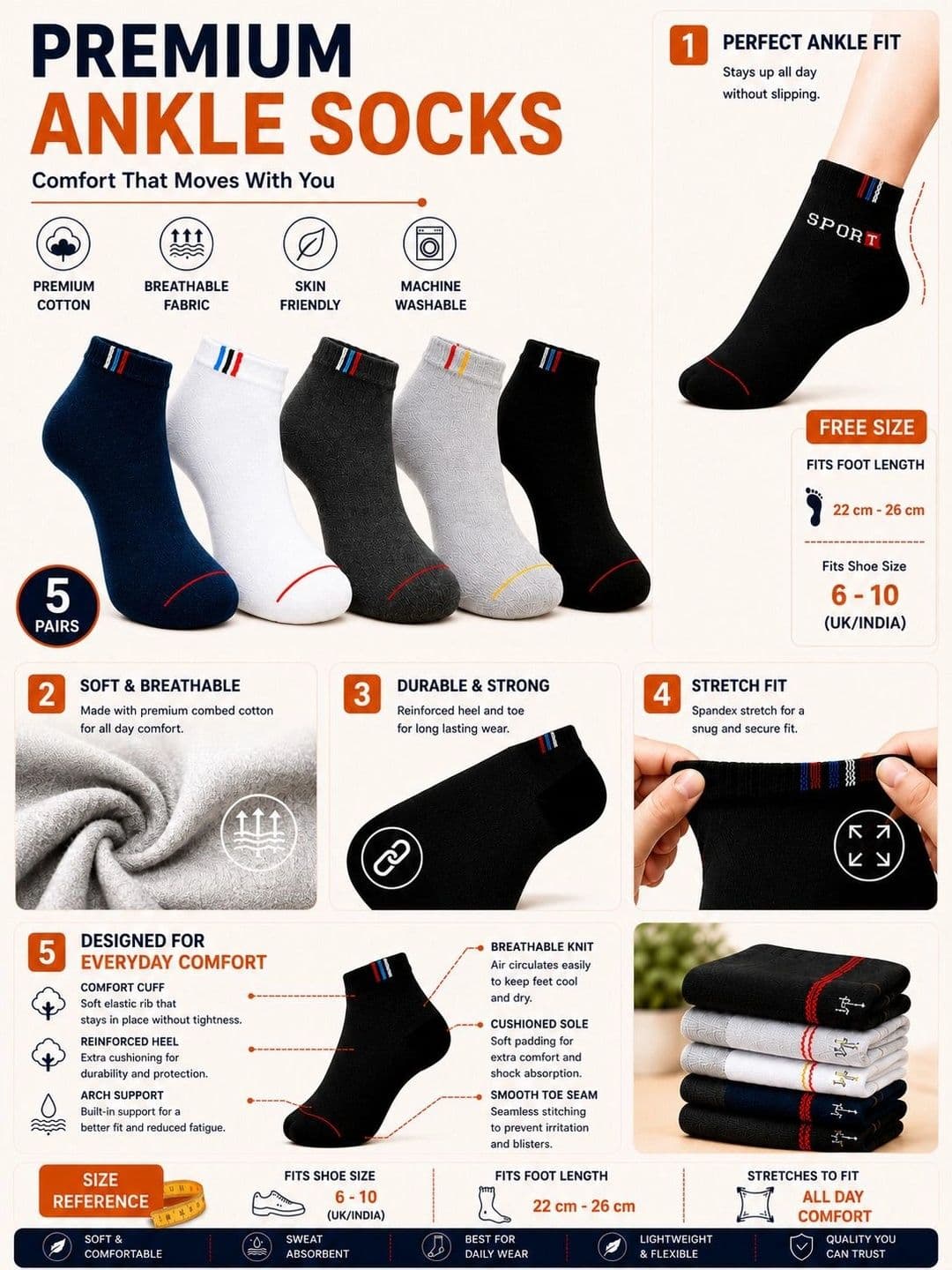 ADDOSSO Men Pack of 5 Cotton Assorted Striped Ankle Length Socks thumbnail 3