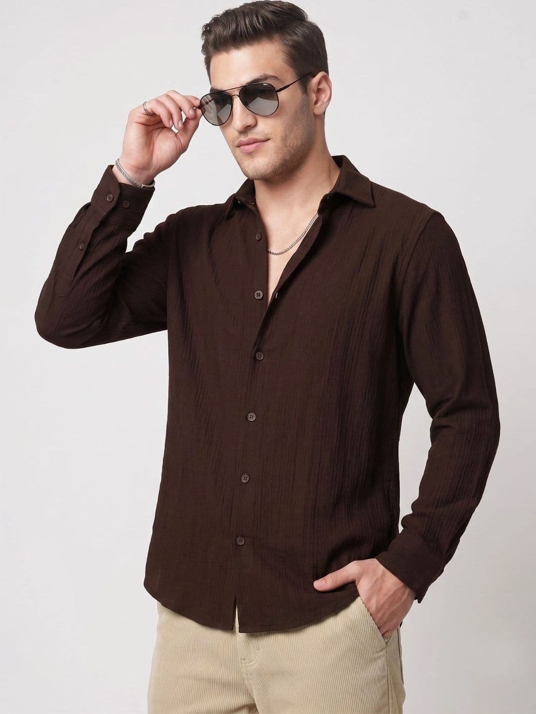 URBANICEMen Brown Textured Regular Fit Casual Shirt Full Sleeves - view 1