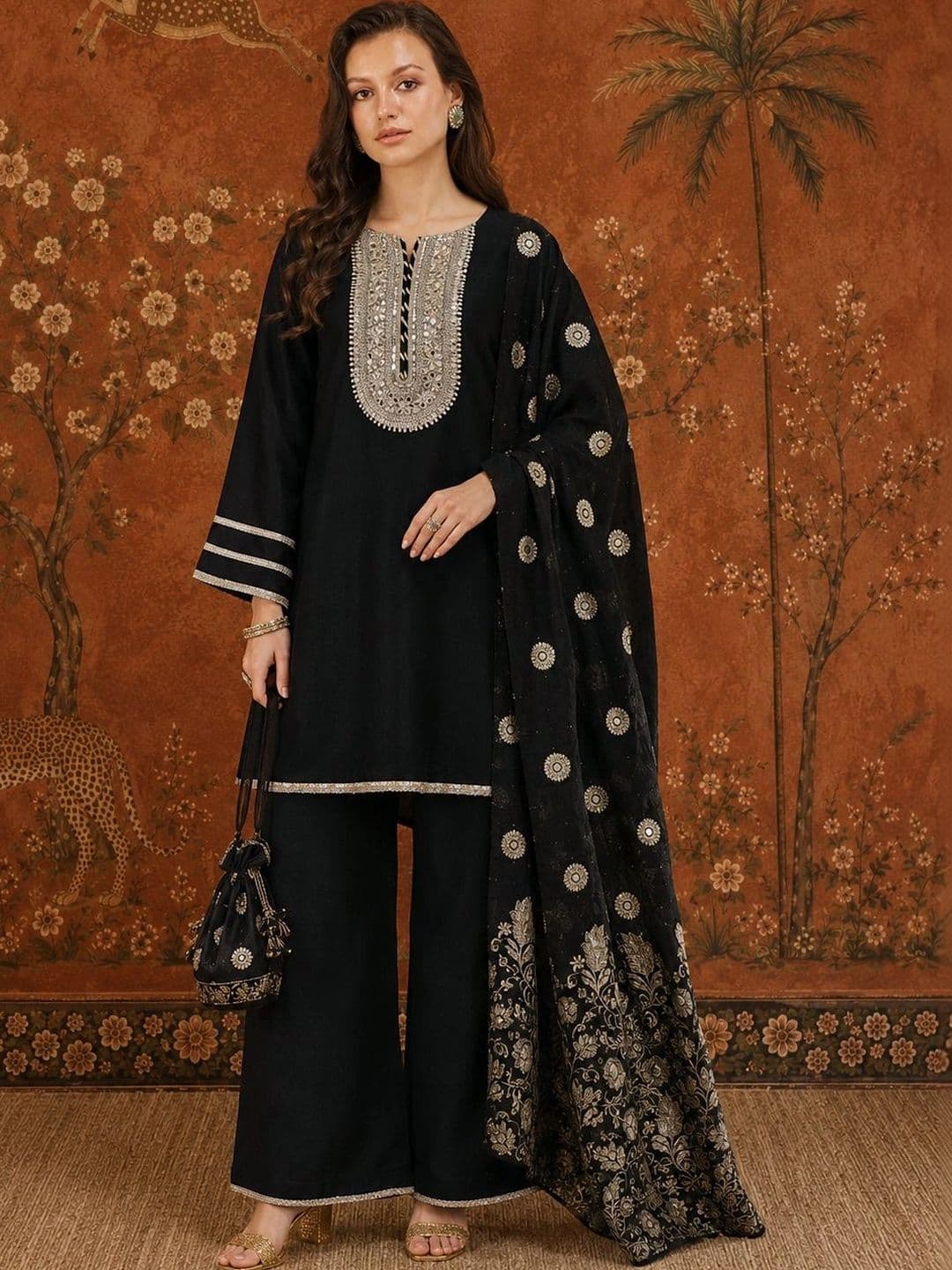 Sangria Women Ethnic Motifs Regular Mirror Work Kurta with Palazzos & With Dupatta thumbnail 4