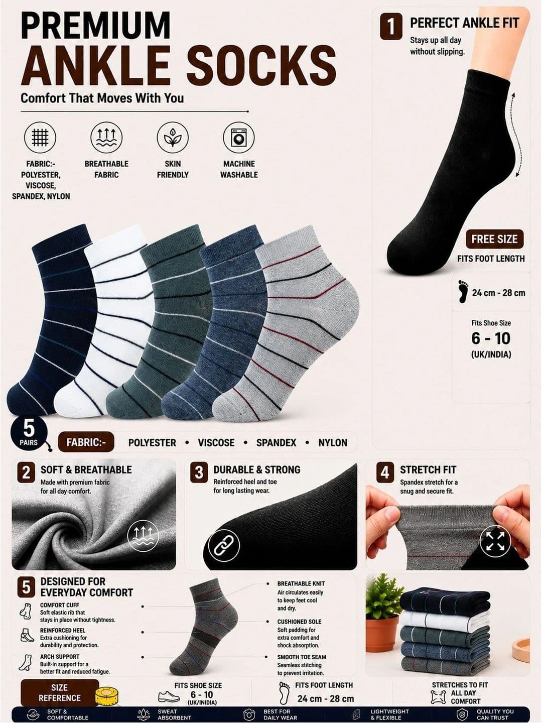 ADDOSSO Men Pack of 5 Cotton Assorted Striped Ankle Length Socks thumbnail 5