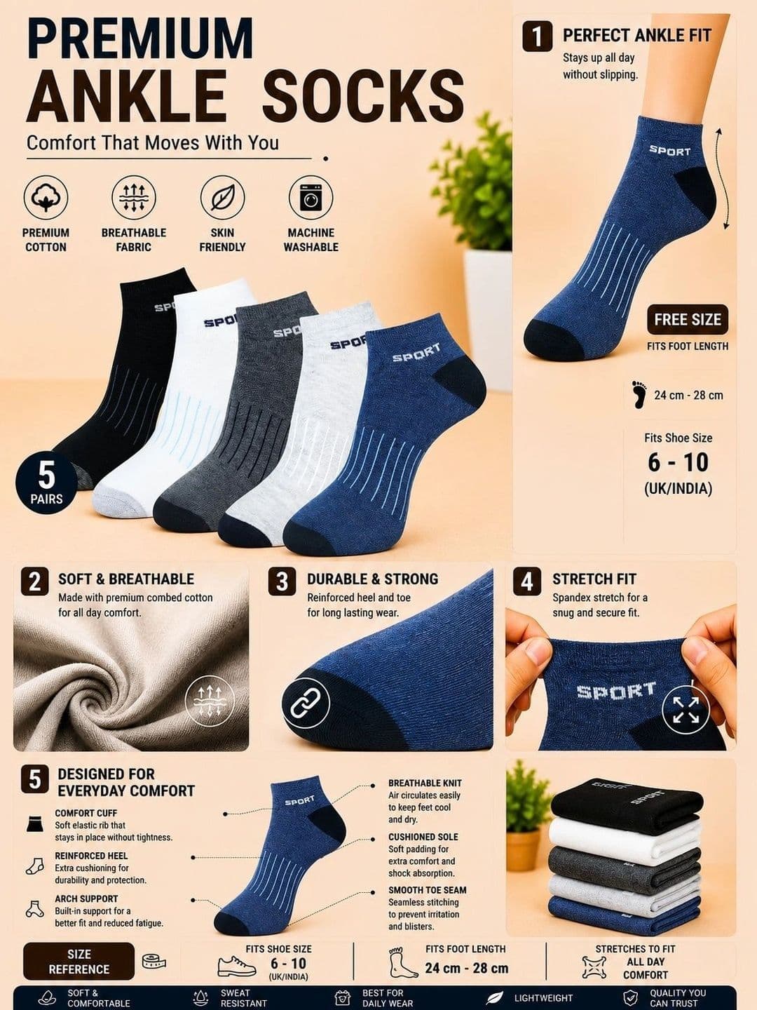 ADDOSSO Men Pack of 5 Cotton Assorted Patterned Ankle Length Socks thumbnail 4