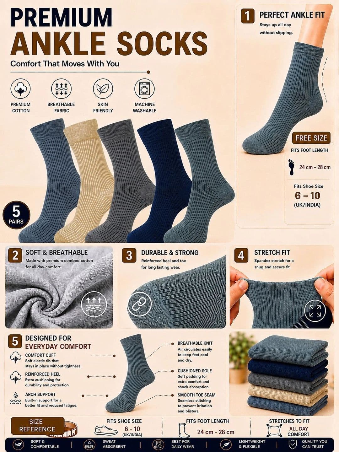 ADDOSSO Men Pack of 5 Cotton Assorted Patterned Calf Length Socks thumbnail 5