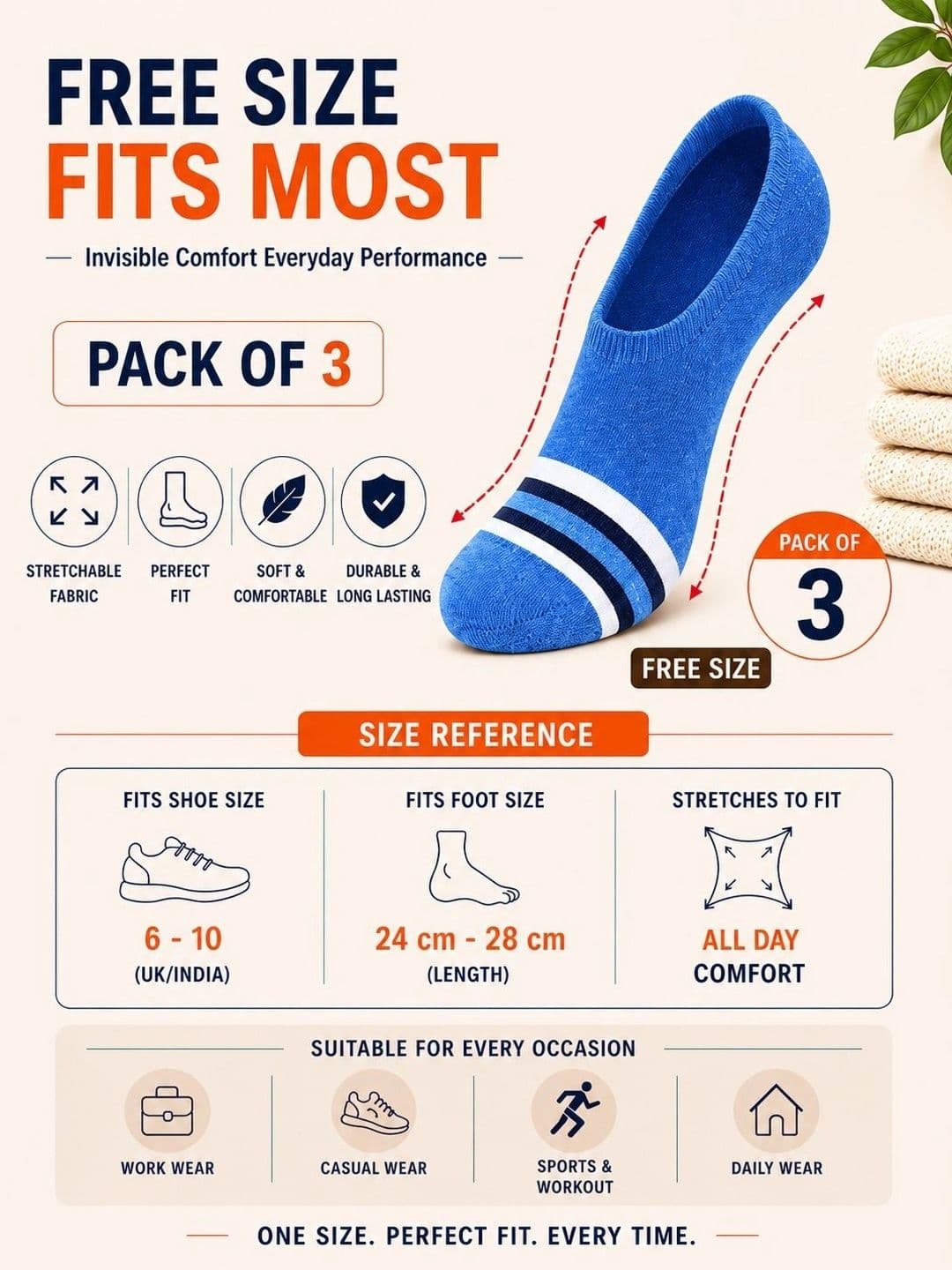 ADDOSSO Men Pack of 3 Cotton Assorted Striped Shoe Liners Socks thumbnail 3