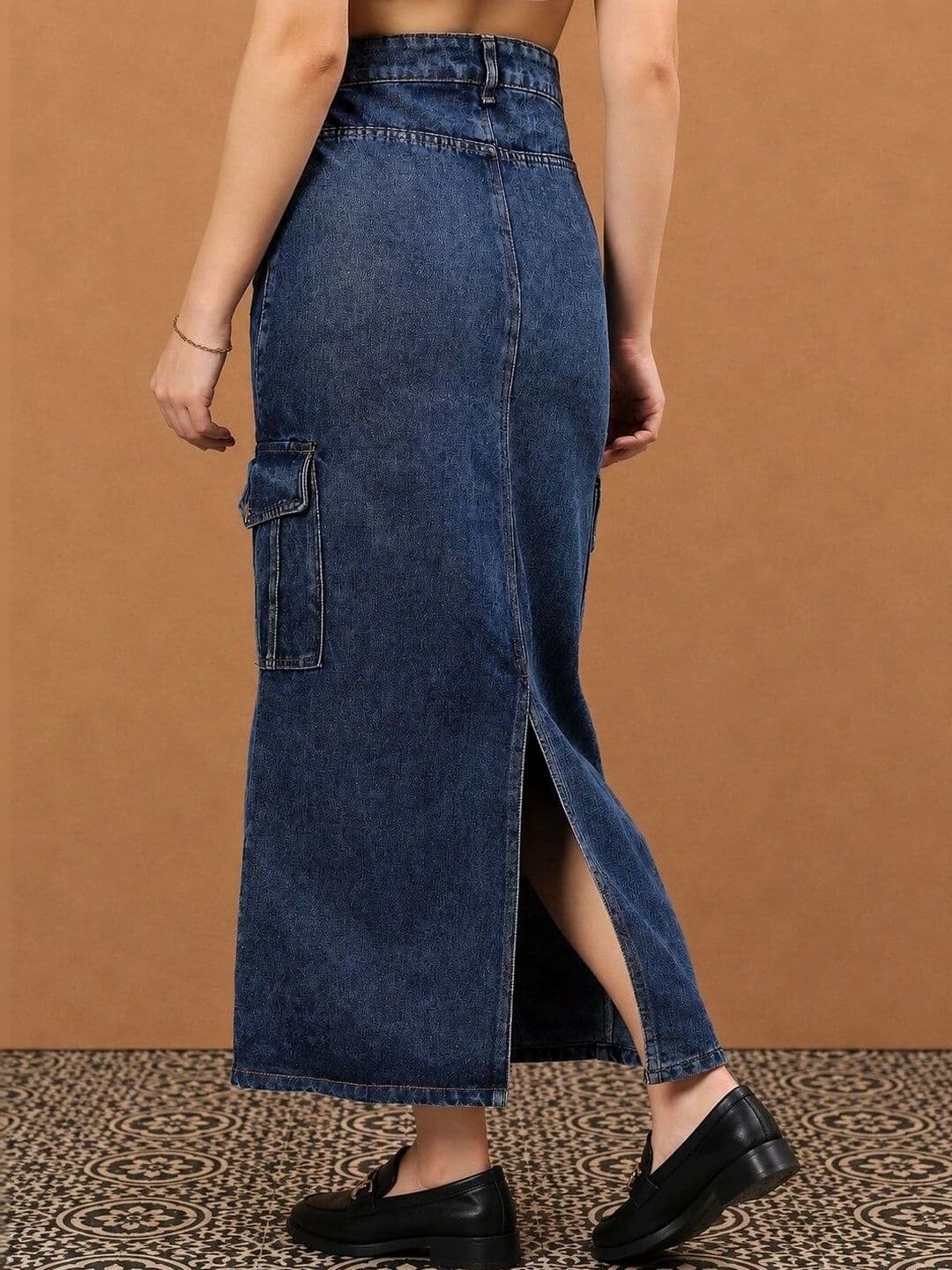 all about you Women Denim Self Design Cargo Styles Side Slit Maxi Straight Skirt thumbnail 3
