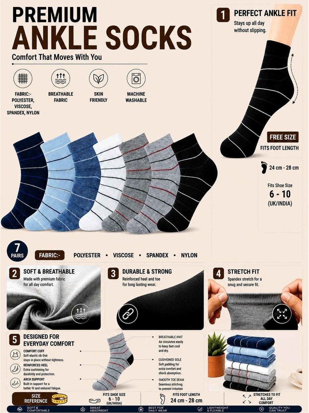 ADDOSSO Men Pack of 7 Cotton Assorted Striped Ankle Length Socks thumbnail 3