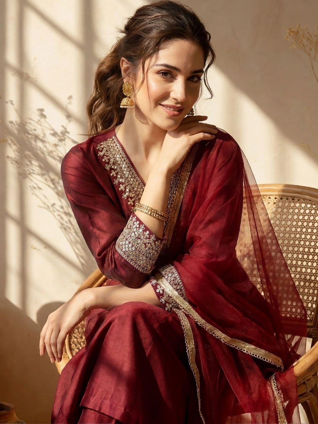 AVANSHEE Women Ethnic Motifs Embroidered High Slit Kurta with Trousers & With Dupatta thumbnail 2