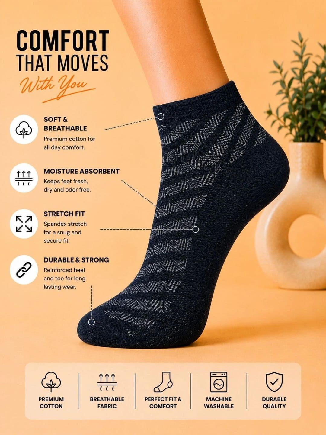 ADDOSSO Men Pack of 3 Cotton Assorted Patterned Ankle Length Socks thumbnail 4