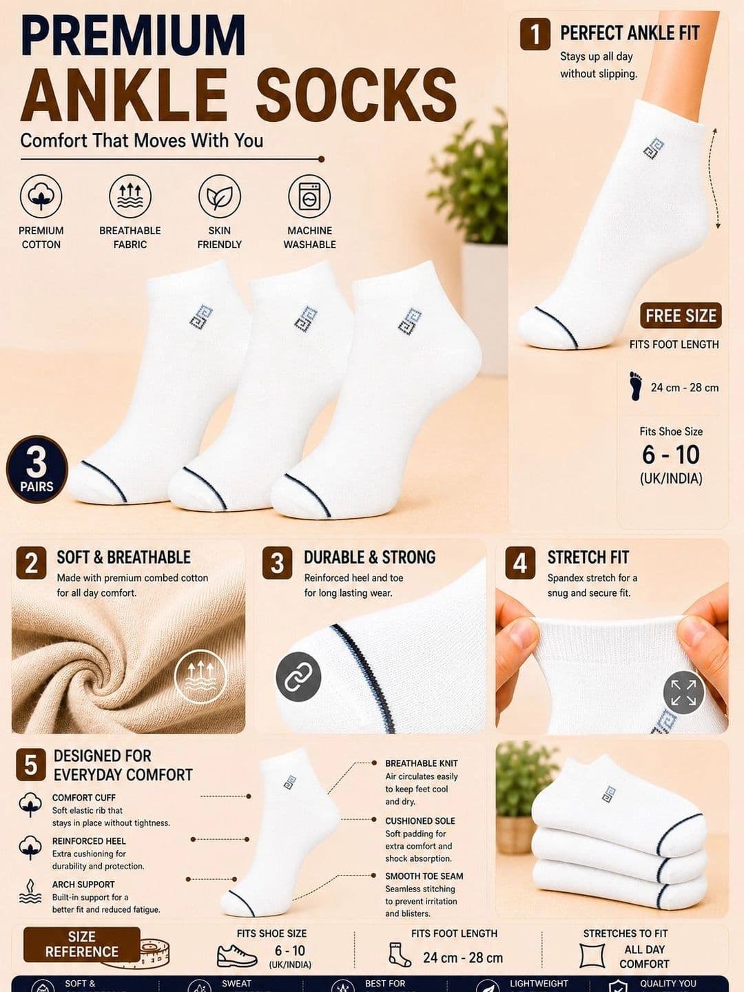 ADDOSSO Men Pack of 3 Cotton Assorted Ankle Length Socks thumbnail 5