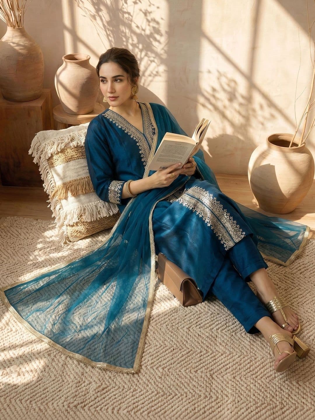 AVANSHEE Women Ethnic Motifs Embroidered Regular Kurta with Trousers & With Dupatta thumbnail 6