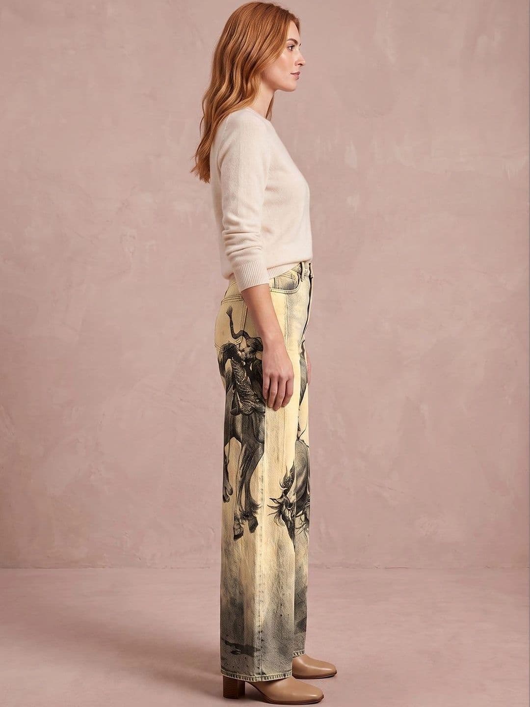 ATELIER REBEL Women Wide Leg Mid-Rise Light Fade Printed Jeans thumbnail 6
