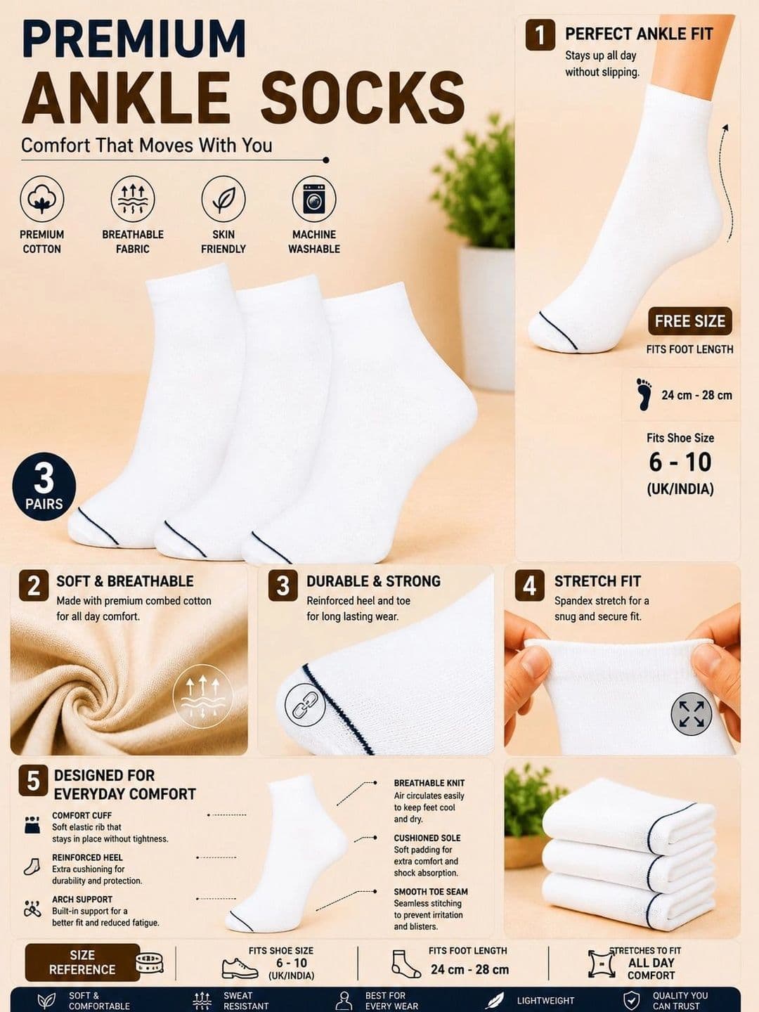 ADDOSSO Men Pack of 3 Cotton Assorted Ankle Length Socks thumbnail 3