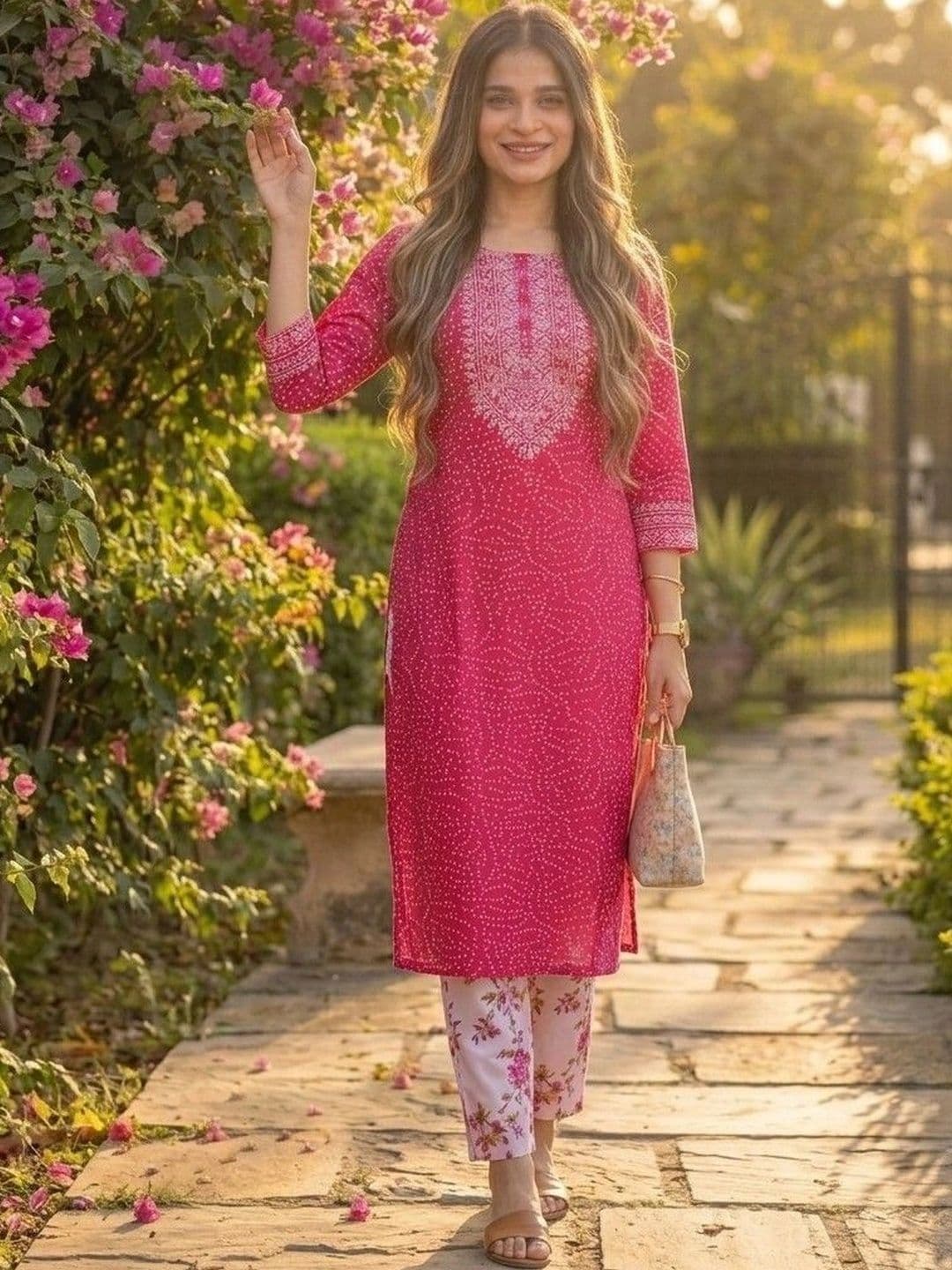 Fusion Threads Women Ethnic Motifs Printed Regular Mirror Work Pure Cotton Kurta with Trousers thumbnail 3
