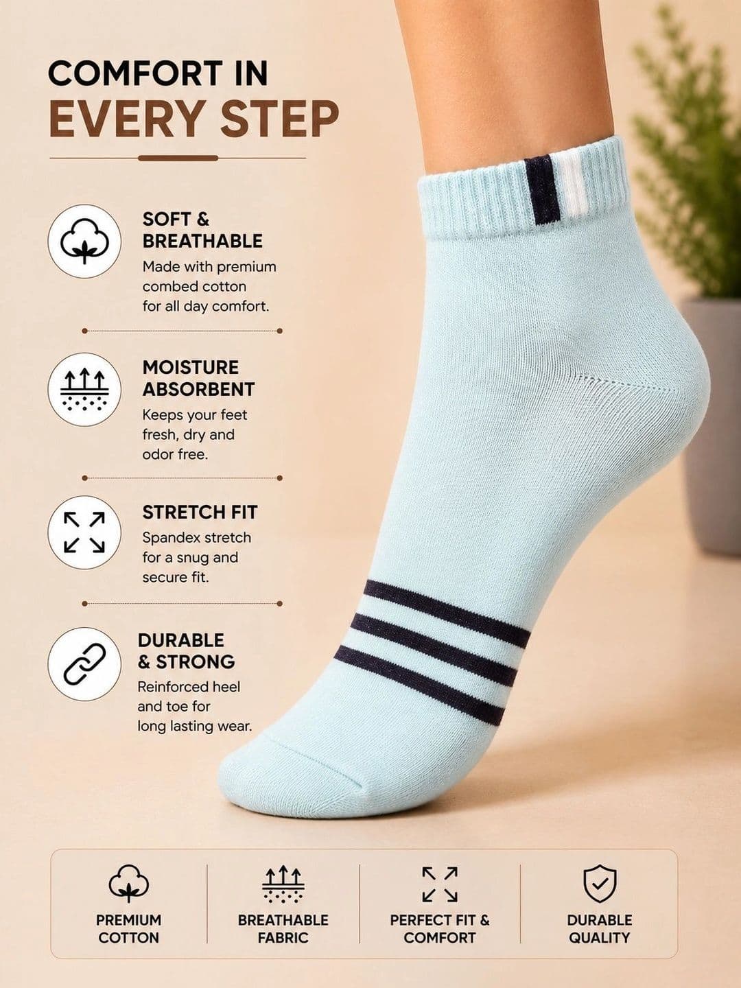 ADDOSSO Men Pack of 10 Cotton Assorted Striped Ankle Length Socks thumbnail 3