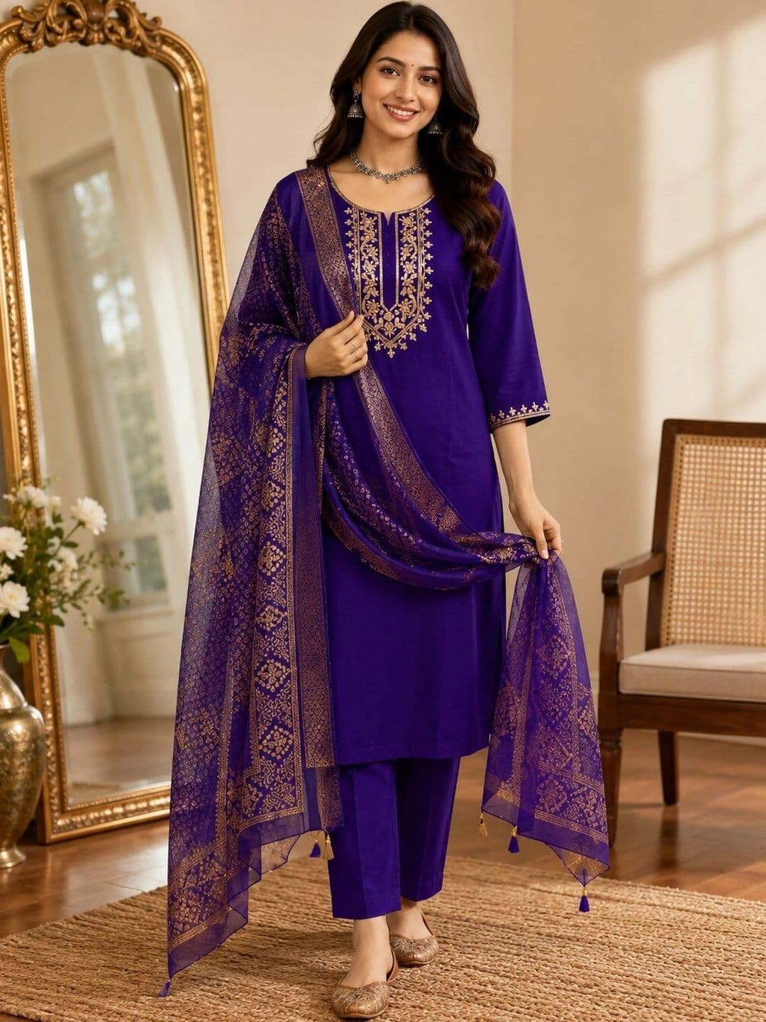KALINI Women Ethnic Motifs Embroidered Regular Thread Work Kurta with Trousers & With Dupatta - view 1