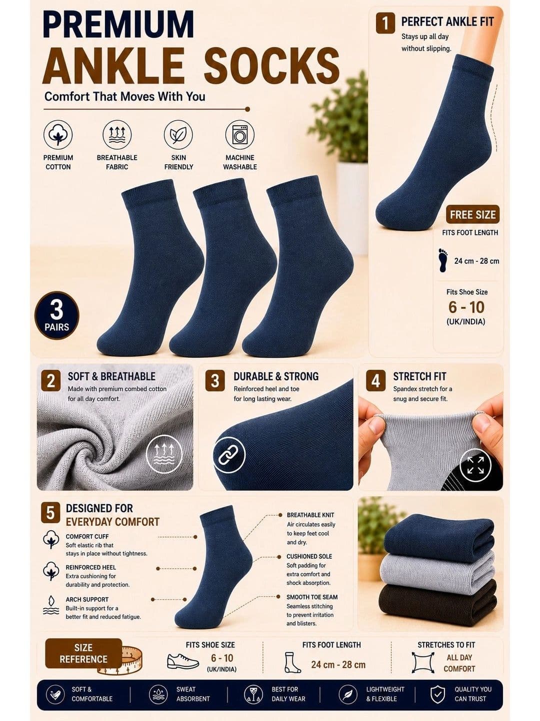 ADDOSSO Men Pack of 3 Cotton Assorted Ankle Length Socks thumbnail 2
