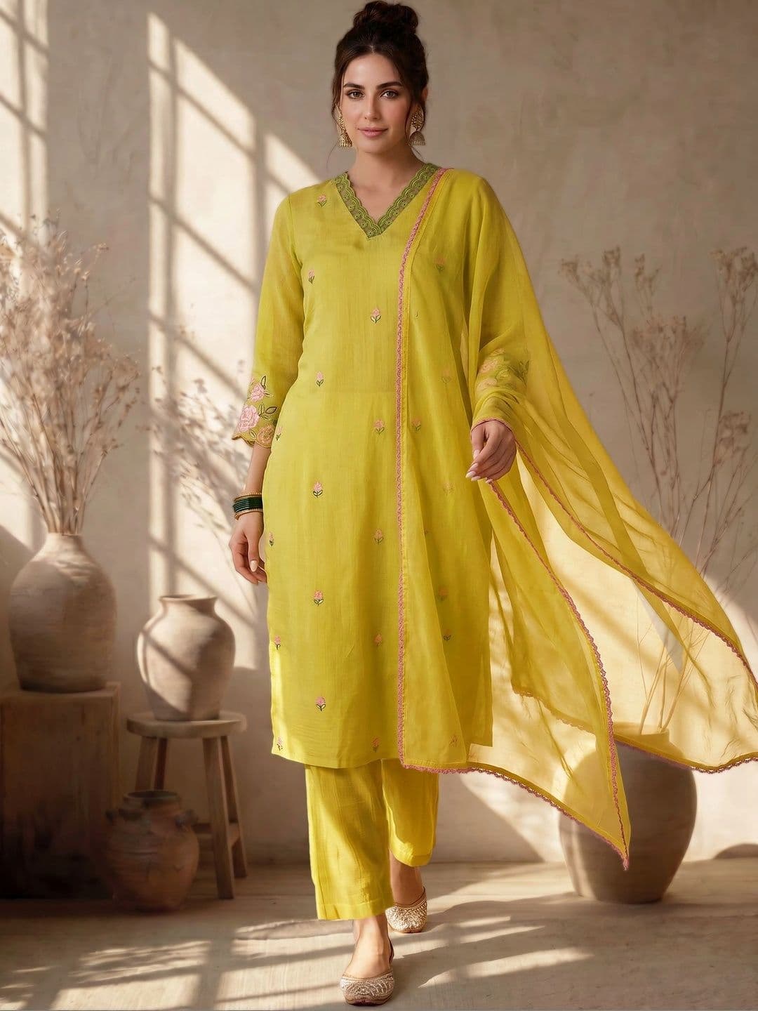 AVANSHEE Women Floral Embroidered Regular Thread Work Chanderi Cotton Kurta with Trousers & With Dupatta - view 1