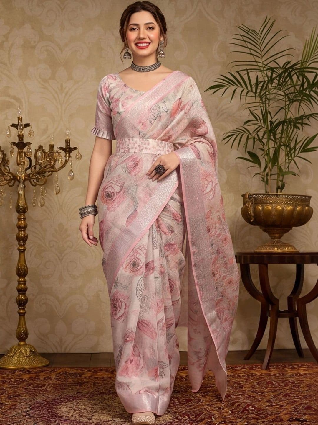 Mitera  Women Floral Zari Silk Cotton Fusion Saree - view 1