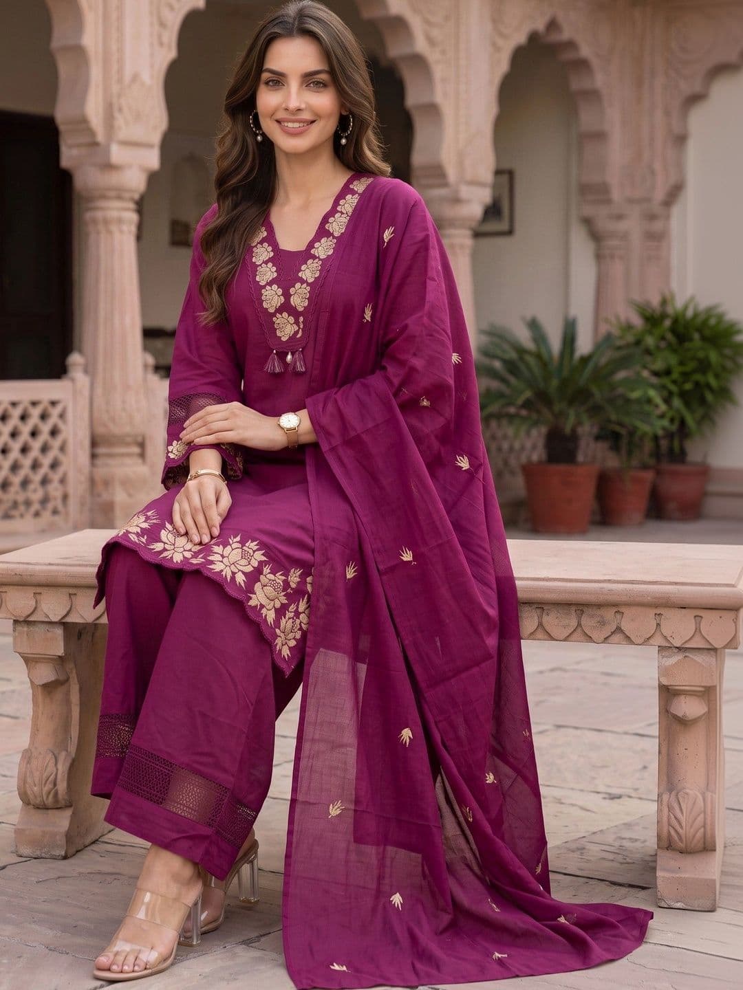 Sangria Women Ethnic Motifs Embroidered Regular Thread Work Pure Cotton Kurta with Palazzos & With Dupatta thumbnail 5