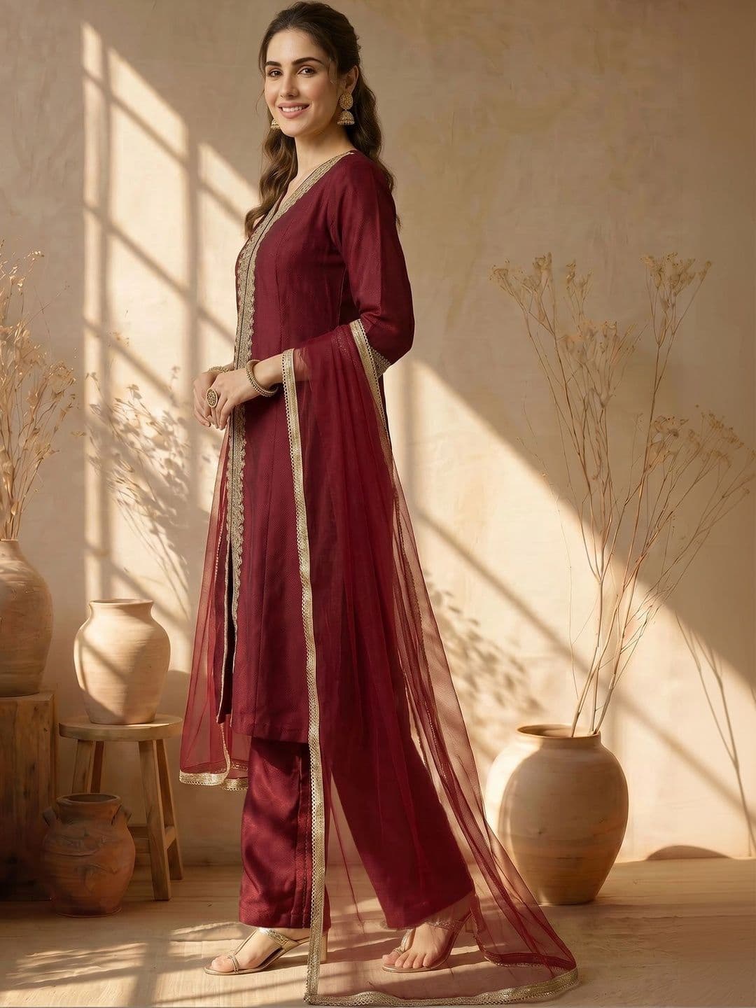 AVANSHEE Women Ethnic Motifs Embroidered High Slit Kurta with Trousers & With Dupatta thumbnail 4