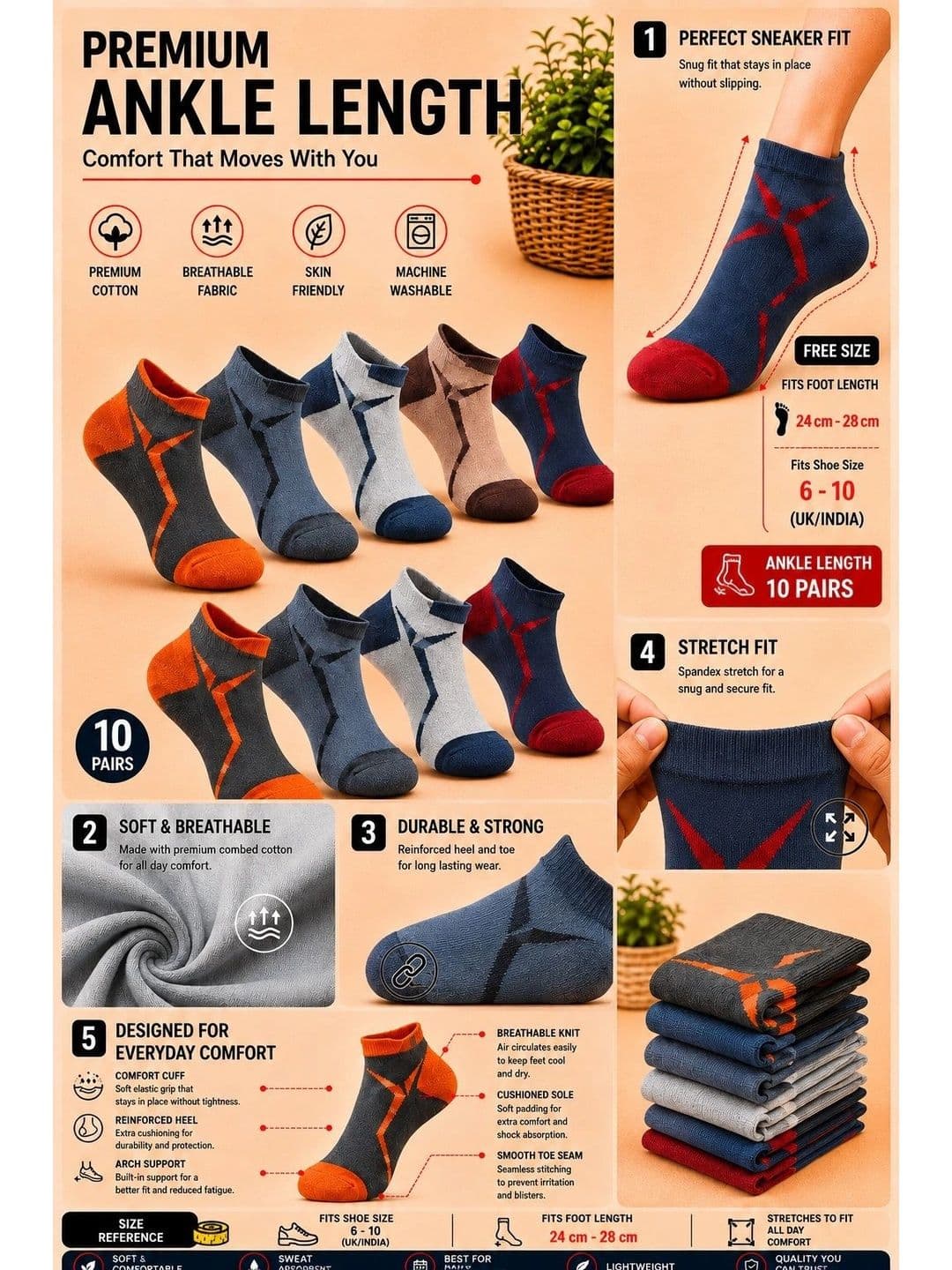 ADDOSSO Men Pack of 10 Cotton Assorted Patterned Ankle Length Socks thumbnail 3