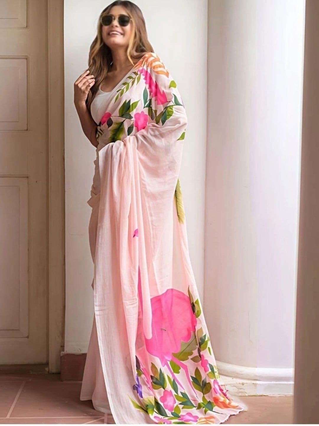 Peachmode Floral Linen Blend Saree - view 1