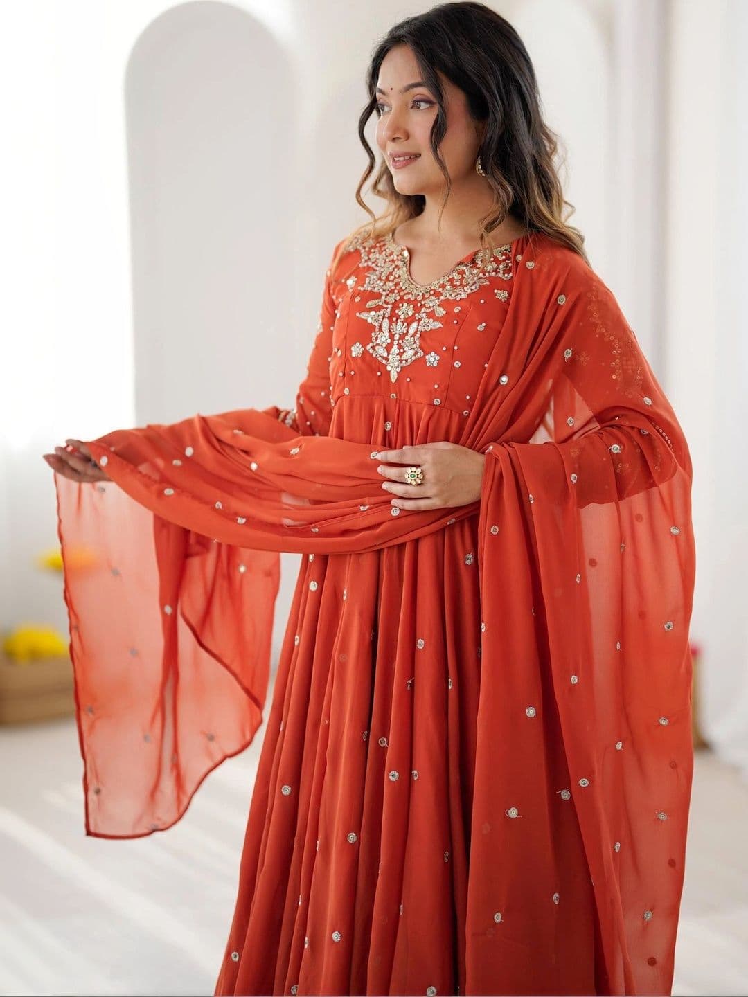 NORAFLEX Women Regular Sequinned Silk Georgette Kurta with Pyjamas & With Dupatta thumbnail 6