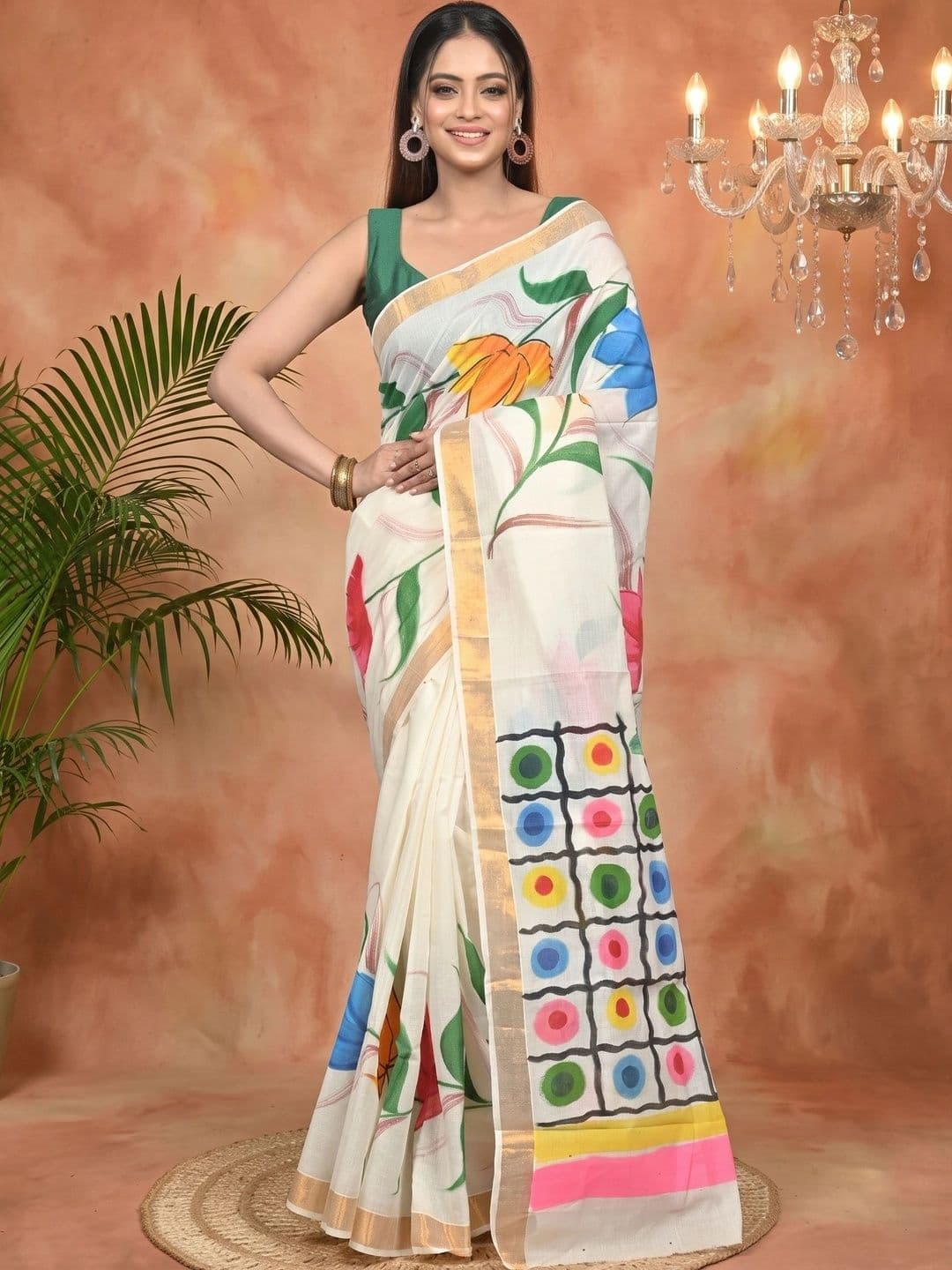 PuJoy Floral Sequinned Pure Cotton Handloom Taant Saree thumbnail 6