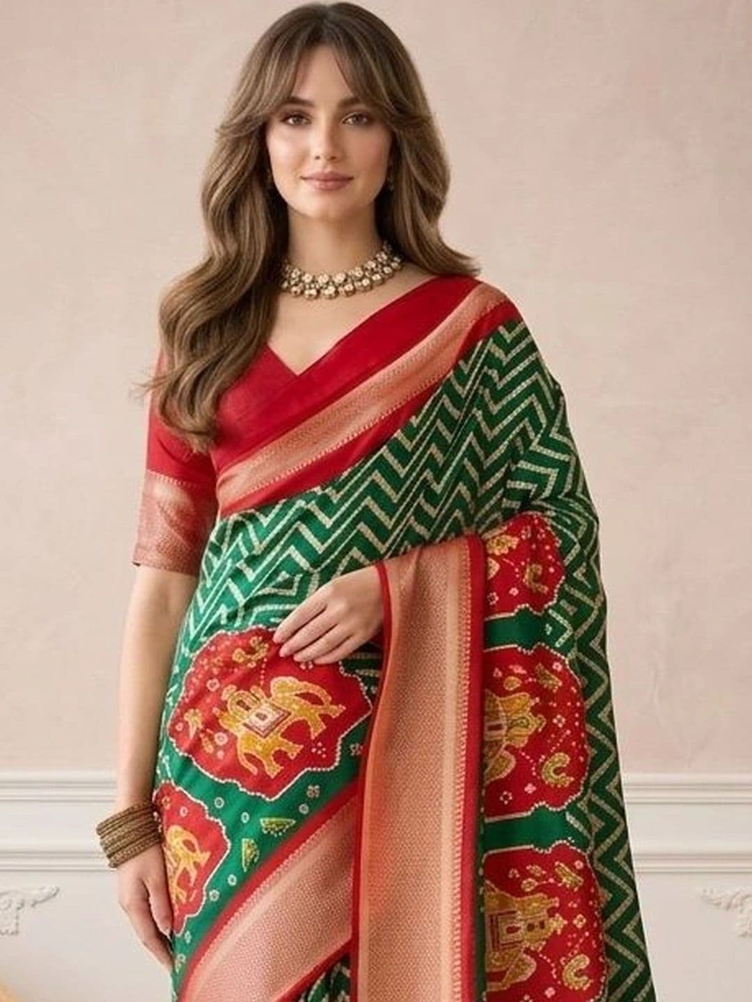 all about you Woven Design Zari Silk Blend Fusion Patola Saree thumbnail 5