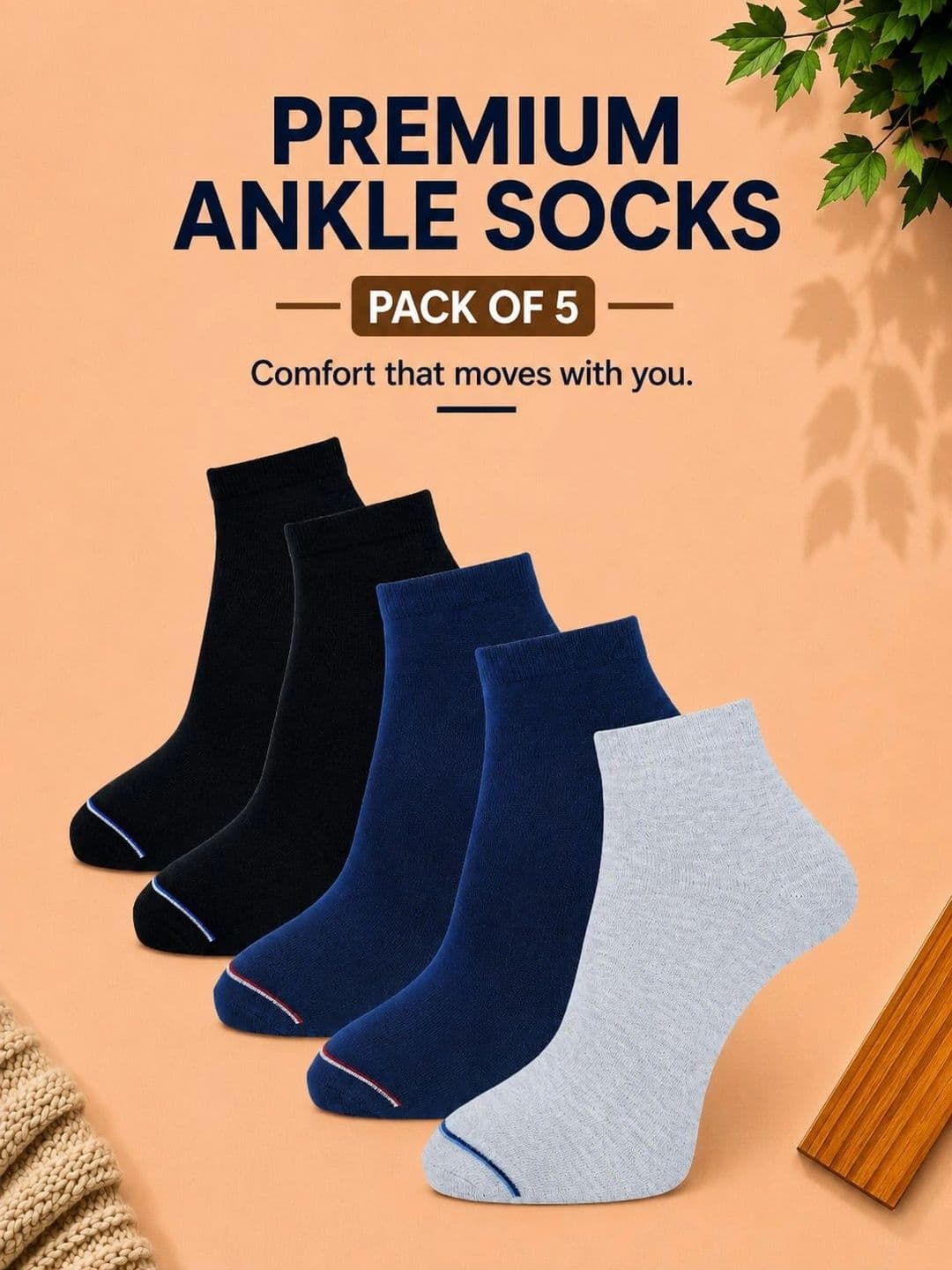 ADDOSSO Men Pack of 5 Cotton Assorted Ankle Length Socks thumbnail 5