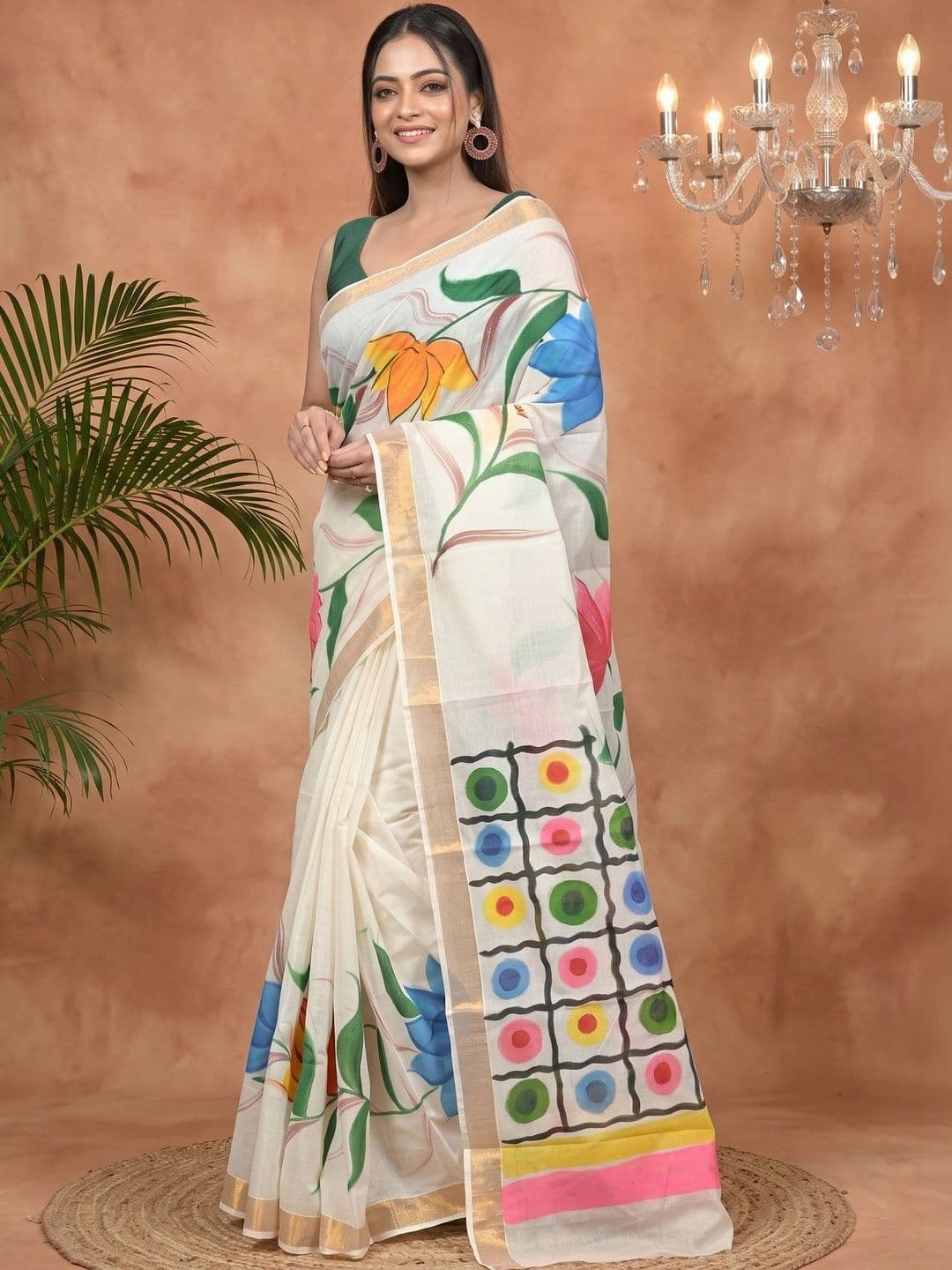 PuJoy Floral Sequinned Pure Cotton Handloom Taant Saree thumbnail 3