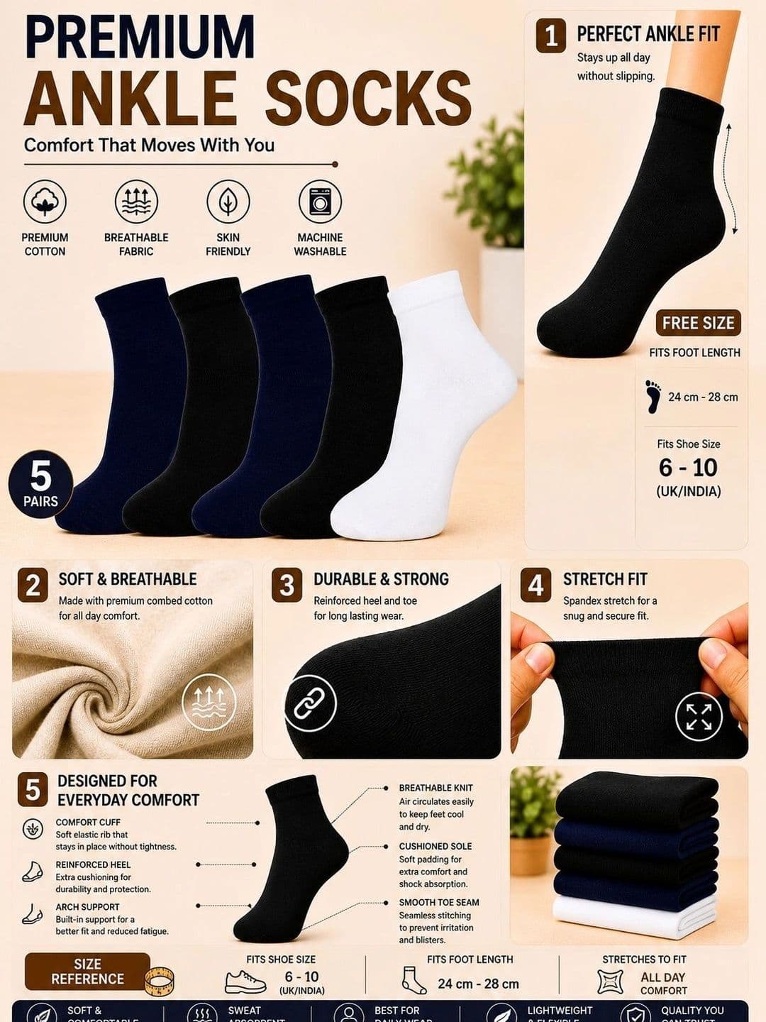 ADDOSSO Men Pack of 5 Cotton Assorted Ankle Length Socks thumbnail 2