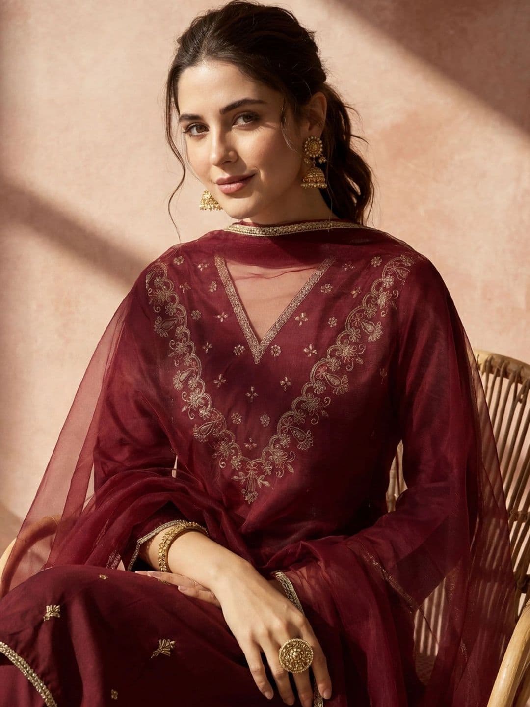 AVANSHEE Women Ethnic Motifs Embroidered Regular Kurta with Trousers & With Dupatta thumbnail 5