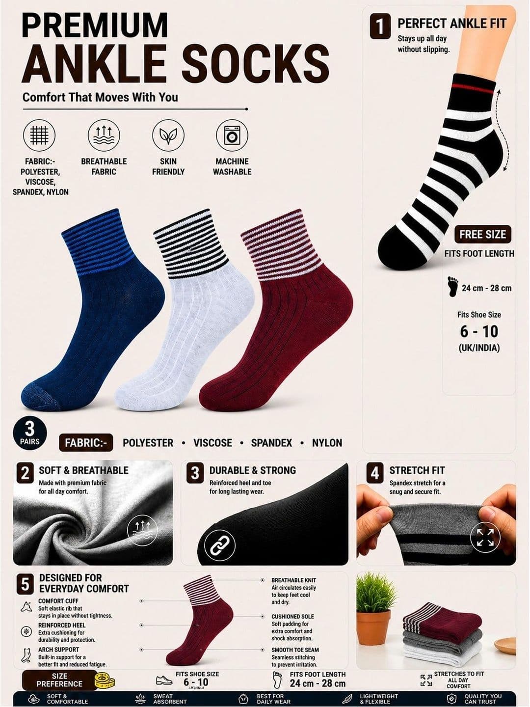 ADDOSSO Men Pack of 3 Cotton Assorted Striped Ankle Length Socks thumbnail 5