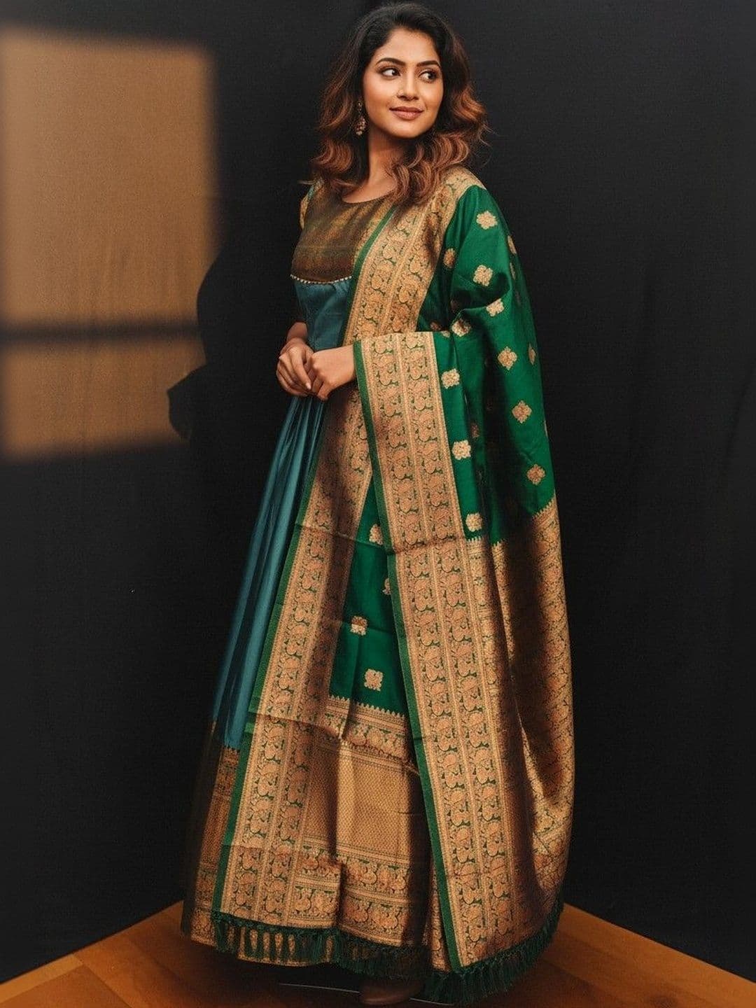 SmileyFashion Woven Design Round Neck Maxi Ethnic Dress With Dupatta thumbnail 3