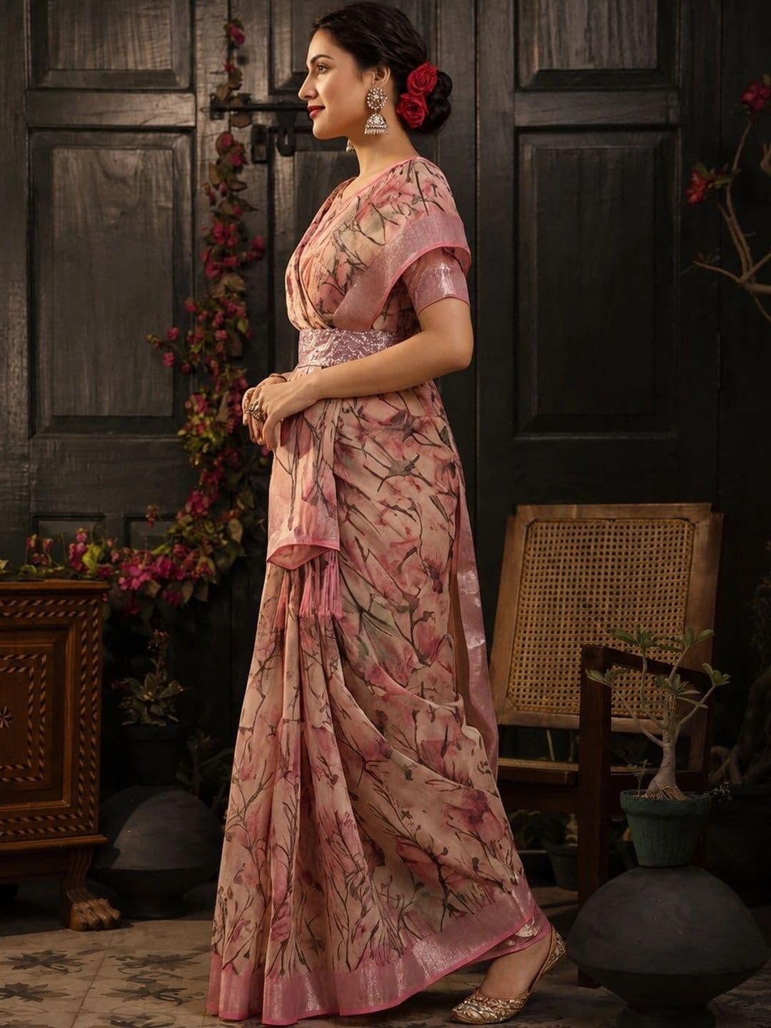 Mitera Floral Zari Silk Cotton Fusion Saree thumbnail 3