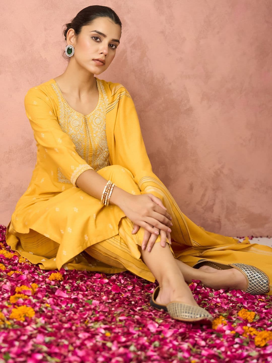 KALINI Woven Design Floral Embroidered Straight Kurta With Trouser And Dupatta - view 1